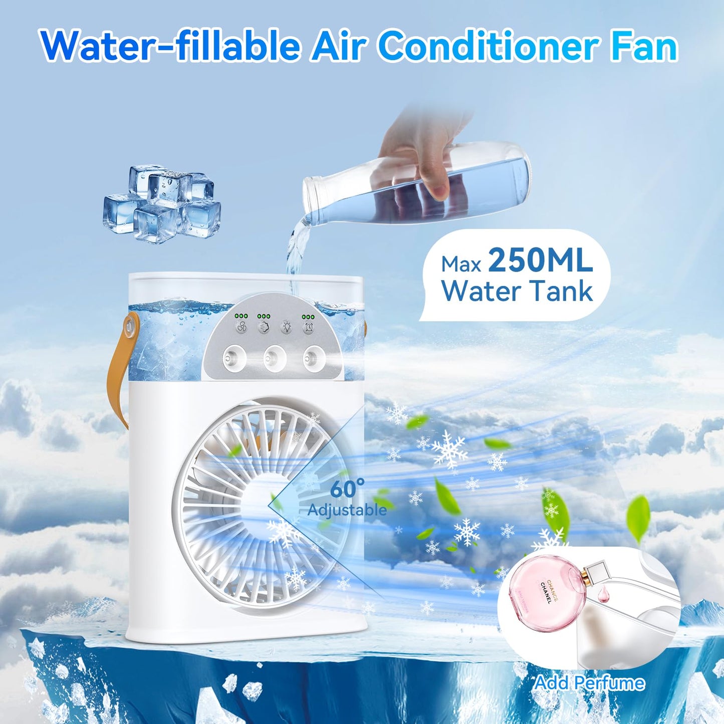 Portable Air Conditioner Cooling Fan, Rechargeable Mini Evaporative Personal Air Cooler Fan with 3 Speeds and 2 Spray, 1/2/3H Timer, 7 Night Light, for Room Bedroom, Office, Desk