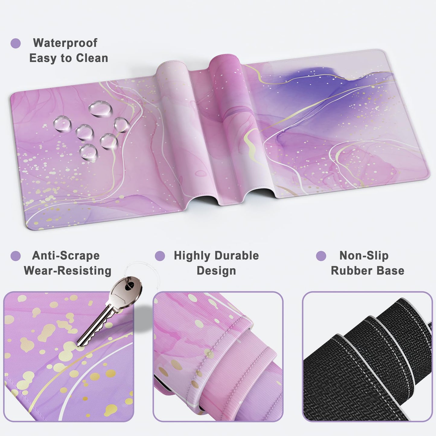 4 in 1 Extended Mouse Pad Set with Memory Foam Keyboard Wrist Rest, Mouse Wrist Cushion & Cute Coaster, Ergonomic Large Desk Pad for Home Office & Gaming (Pink & Purple Marble)