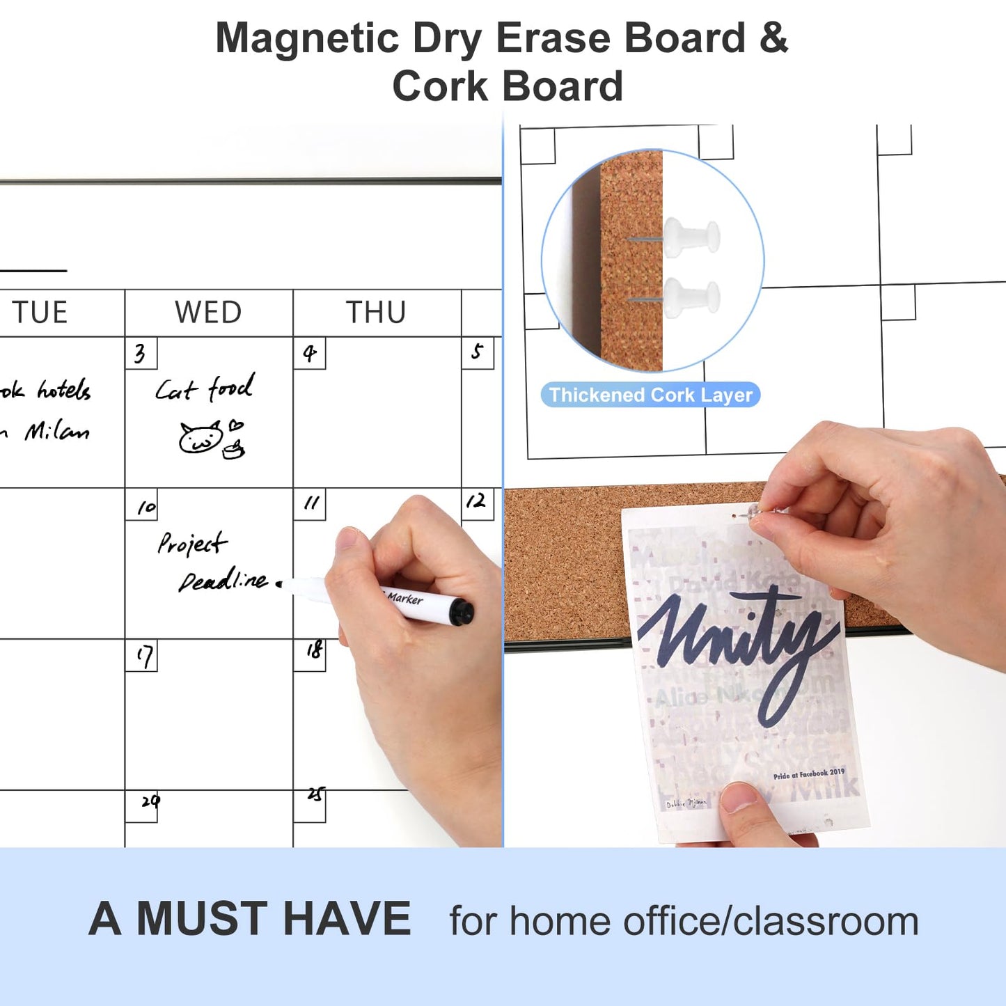 ARCOBIS Dry Erase Calendar with Cork Board for Wall, 24"x 18" Magnetic Calendar Whiteboard with Black Frame, Monthly Combination Board for School, Home, Office