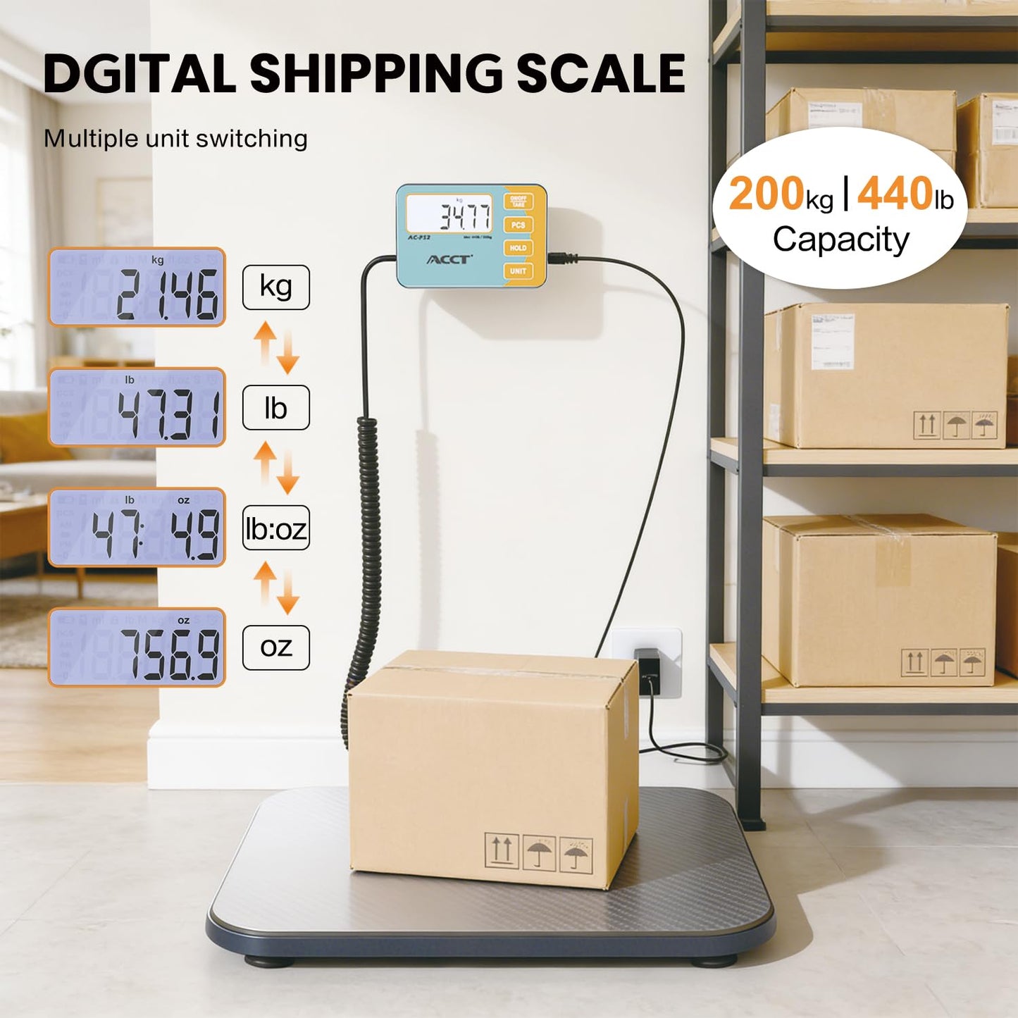 ACCT Digital Postal Scale, 200 KG/440 lbs Capacity, Commercial Weighing Scale for Parcels, Mail, Warehouses, Home, Luggage