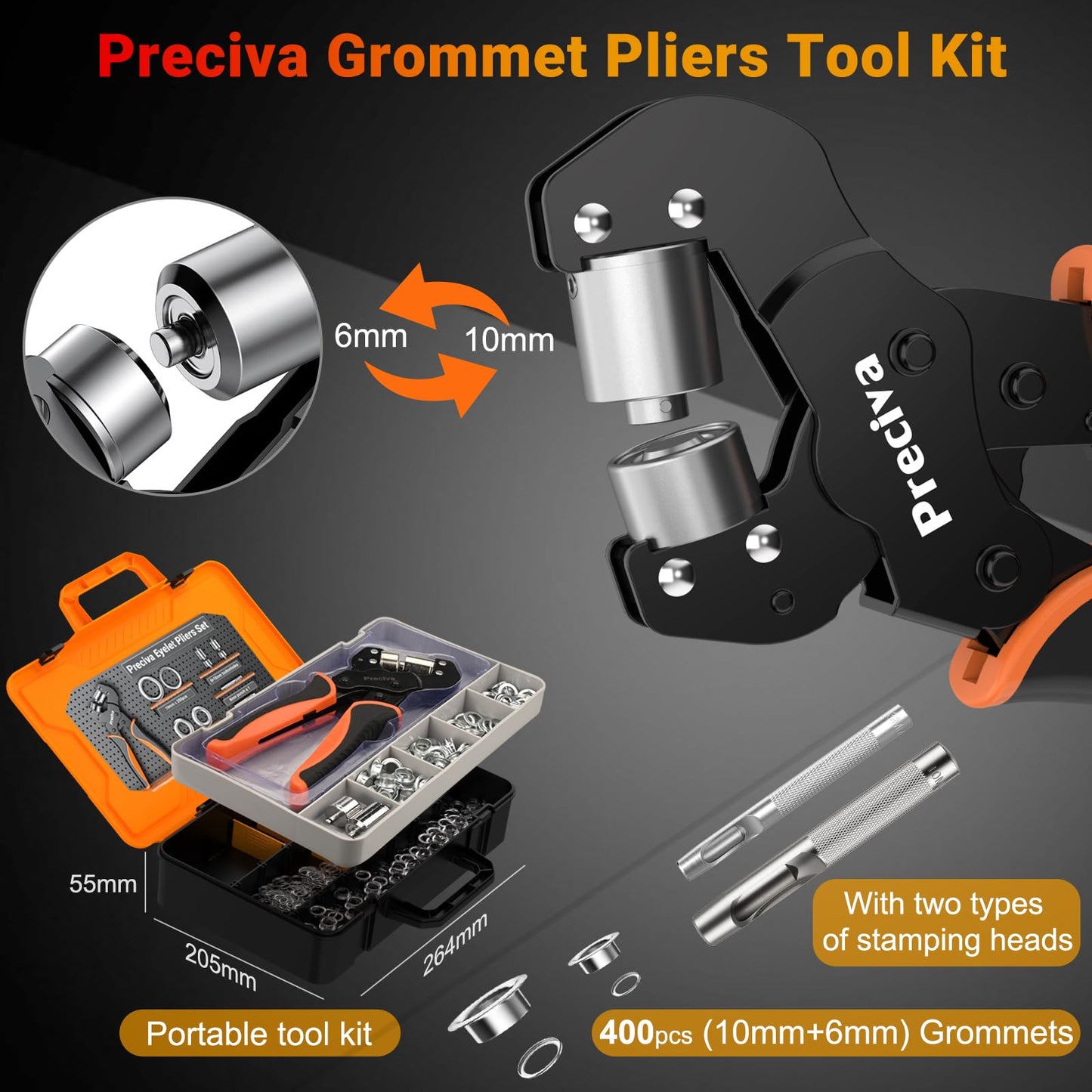 Preciva Grommet Tool Kit, Interchangeable Double Head Handheld Grommet Eyelet Plier Set for Advertising Poster, Banner, Portable Manual Puncher with 400pcs Silver Grommets (1/4 and 3/8 size with case)