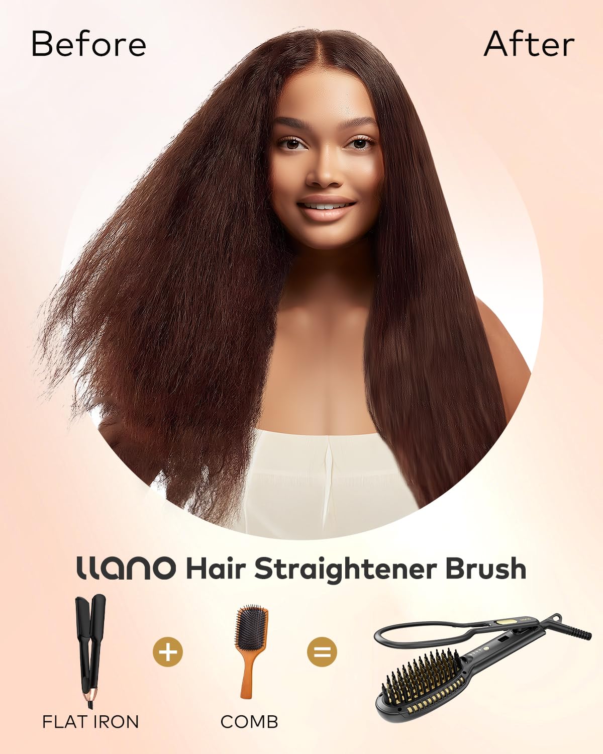 llano Hair Straightener Brush, 2025 Upgraded Ionic Hair Straightener and Curler 2 in 1 with Holder Clamp, Anti-Frizz, Anti-Scald Ceramic Straightening Brush for All Hair Types (Grey)