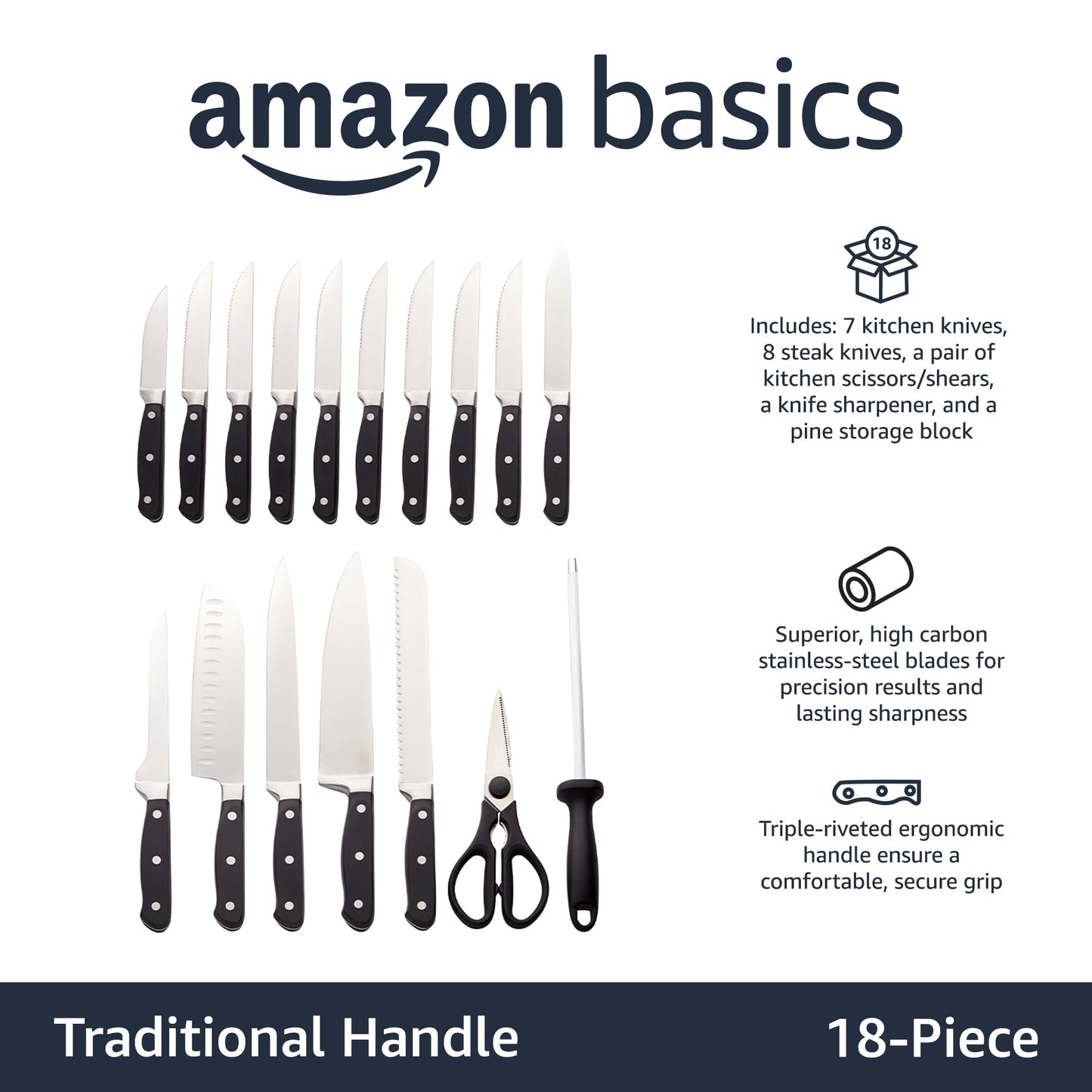 Amazon Basics Premium 18-Piece Kitchen Knife Block Set