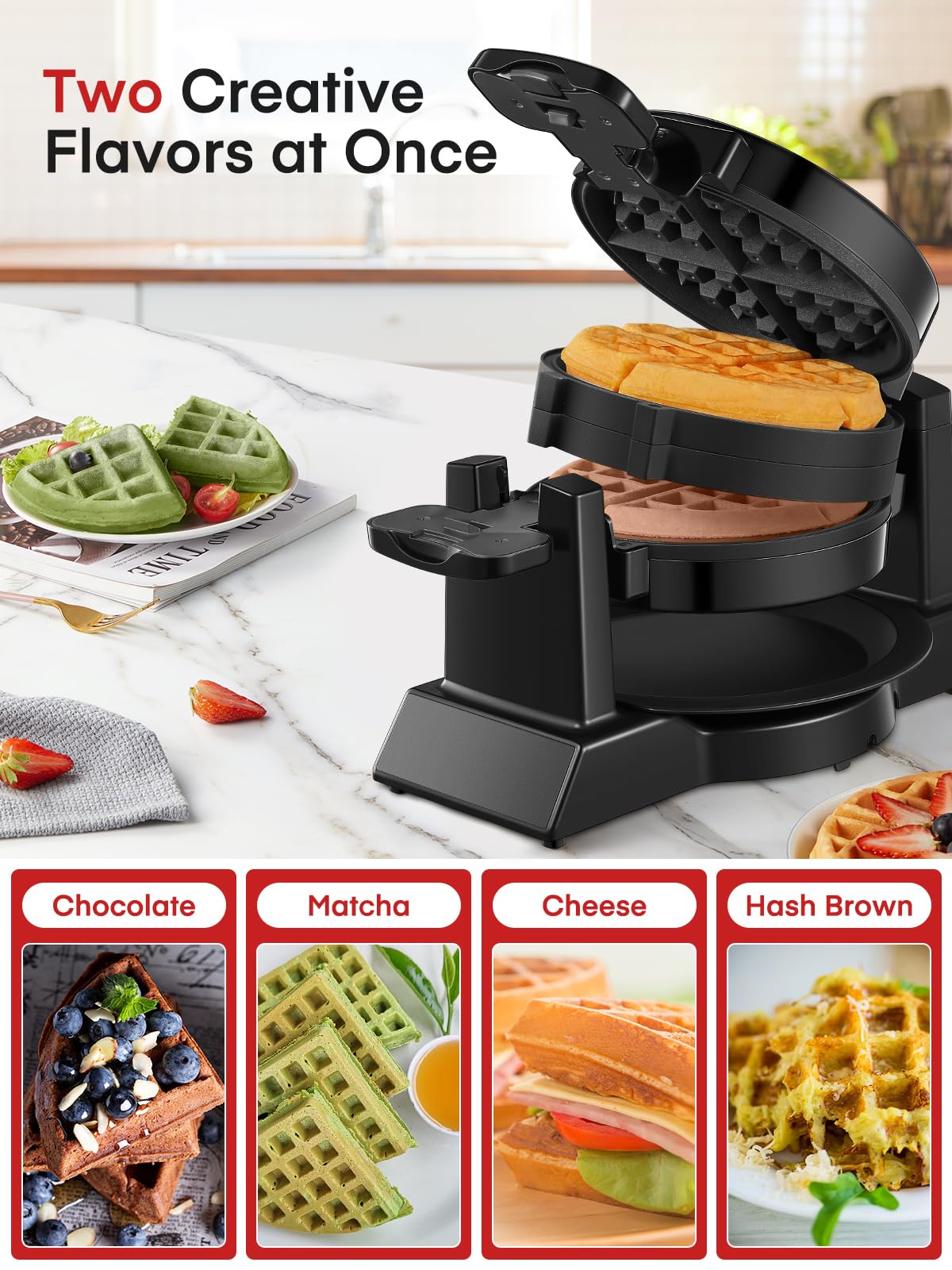 FOHERE Waffle Maker, 8-Slice Belgian Waffle Maker, 180° Rotating Waffle Iron with Double Waffle Plates, Nonstick Plates and Removable Drip Tray, Cool Touch Handle (Large)