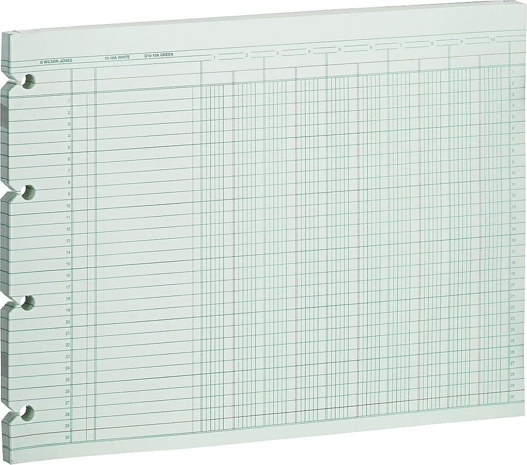 Wilson Jones Green Columnar Ruled Ledger Paper, 10 Columns and 30 Lines per Page, 9.25 x 11.88, 100 Sheets per Pack (WG10-10A)