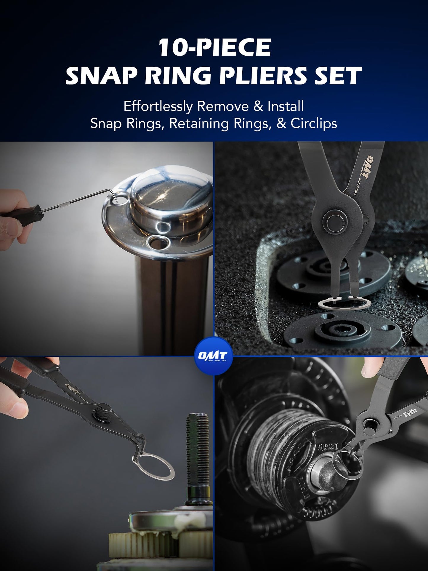 Orion Motor Tech 10pc Snap Ring Pliers Set, Internal & External Circlip Pliers With Bent & Straight Pliers, Hook Pick, Heavy Duty Removal Tool, Storage Case & Gloves