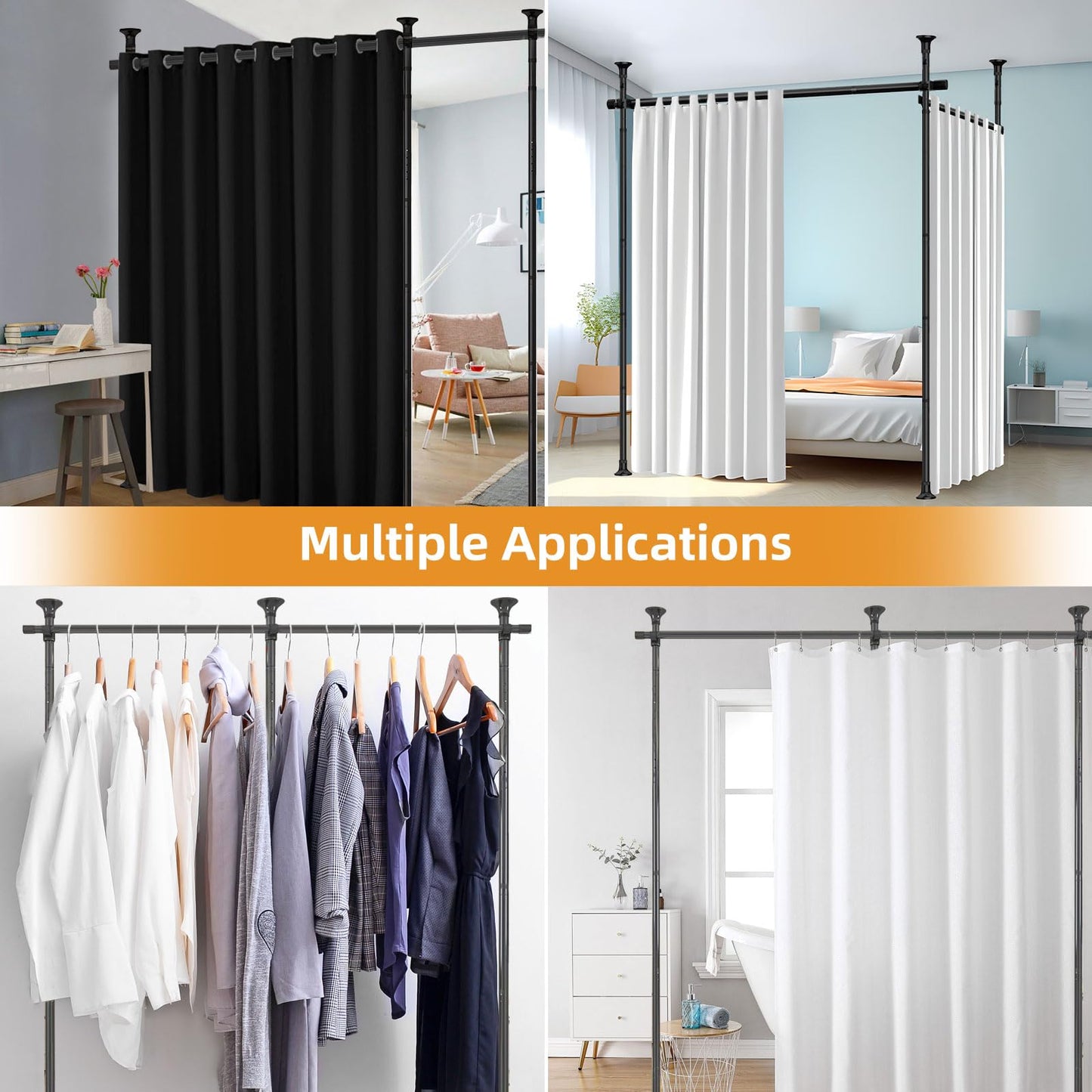 Room Divider Curtain Rod, No Drilling Curtain Rod for Room Separation, Adjustable Heavy Duty Partition Room Divider, Floor to Ceiling Freestanding Wall Divider 4-10ft (H) 28-114inch(W) Black