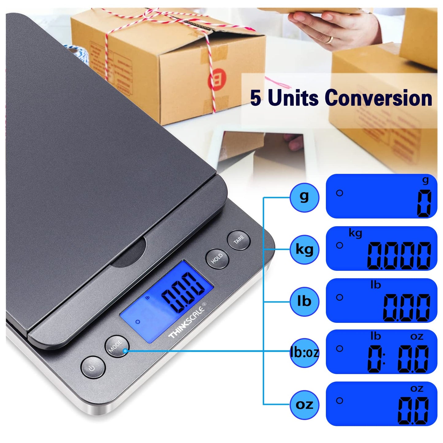 THINKSCALE Shipping Postal Scale 86lb/0.1oz with Hold and Tare, LCD Display, Scale for Packages, Postage Mail, Small Business, Batteries & AC Adapter