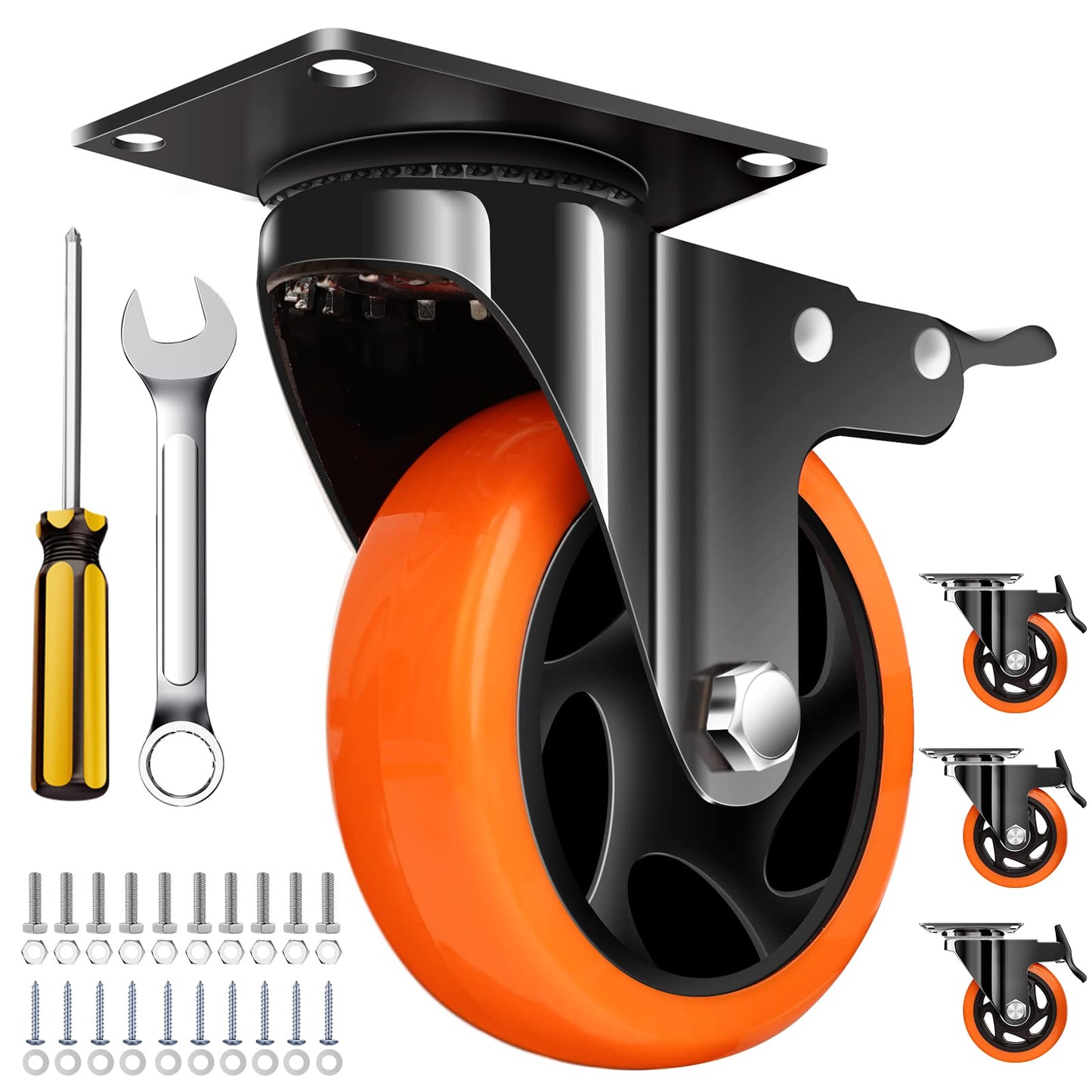 QNCZ 4" Heavy Duty Caster Wheels, Set of 4 with Dual Locking Brake, Industrial Swivel Casters, Polyurethane Wheels for Cart, Trolley, Workbench