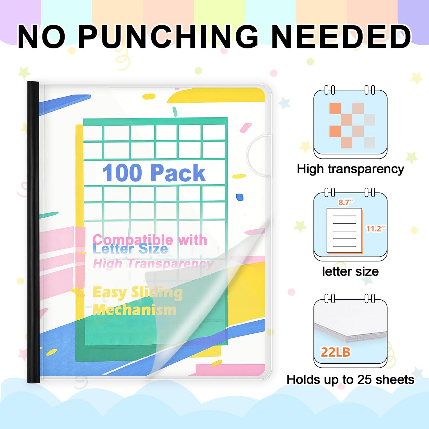 TOTiyea 100 Pack Clear Report Covers with Sliding Bars, Letter Size, 5mm (25 Sheet Capacity) Black Sliding Bar File Folders, 5.5mil Plastic Report Covers