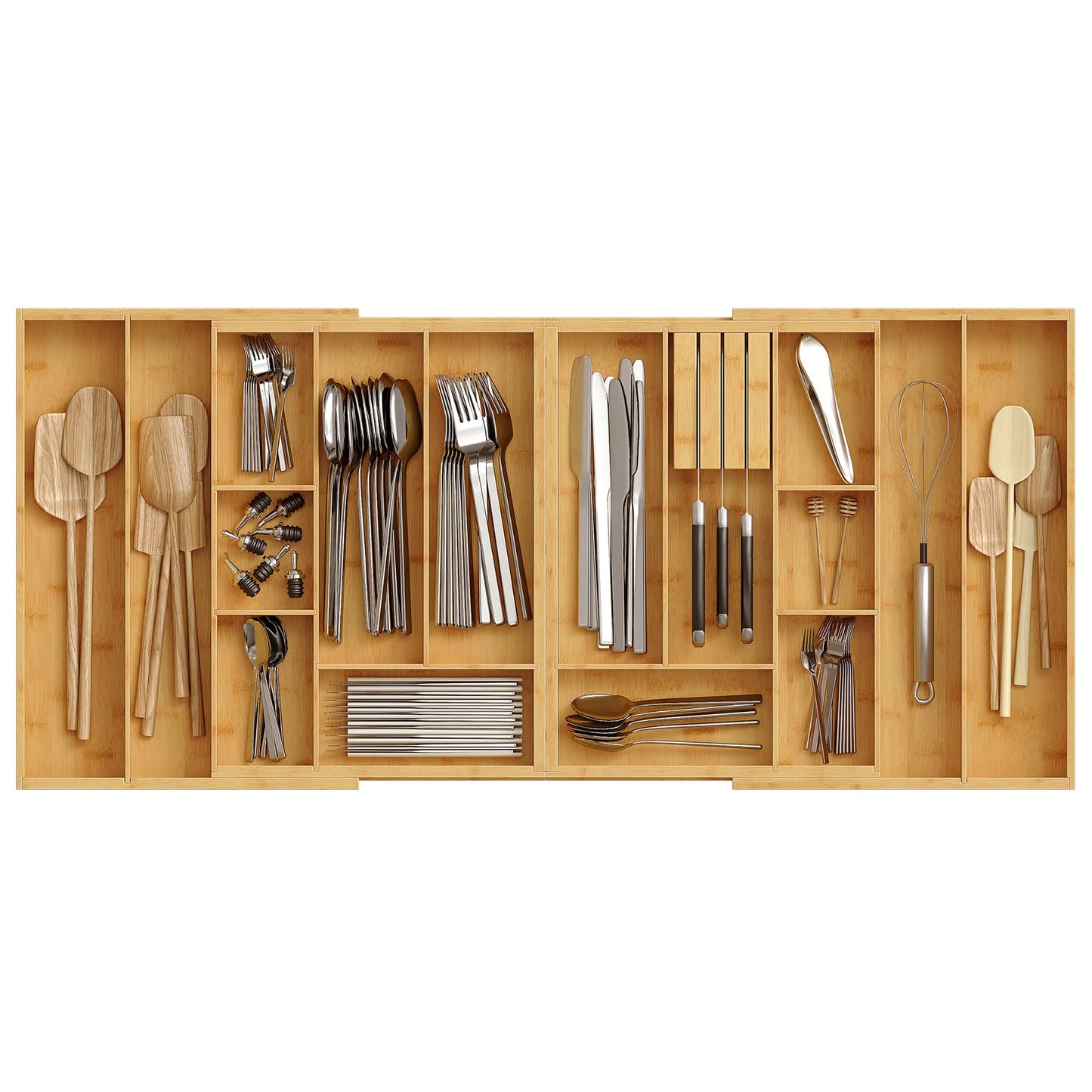 HO0BRO Large Silverware Organizer Kitchen Drawer Organizer, Magnetic Connected Expandable Utensil Organizer From 58 to 90 cm, Bamboo 16 Slots Cutlery Tray with Knife Holder, Natural YL07TL01