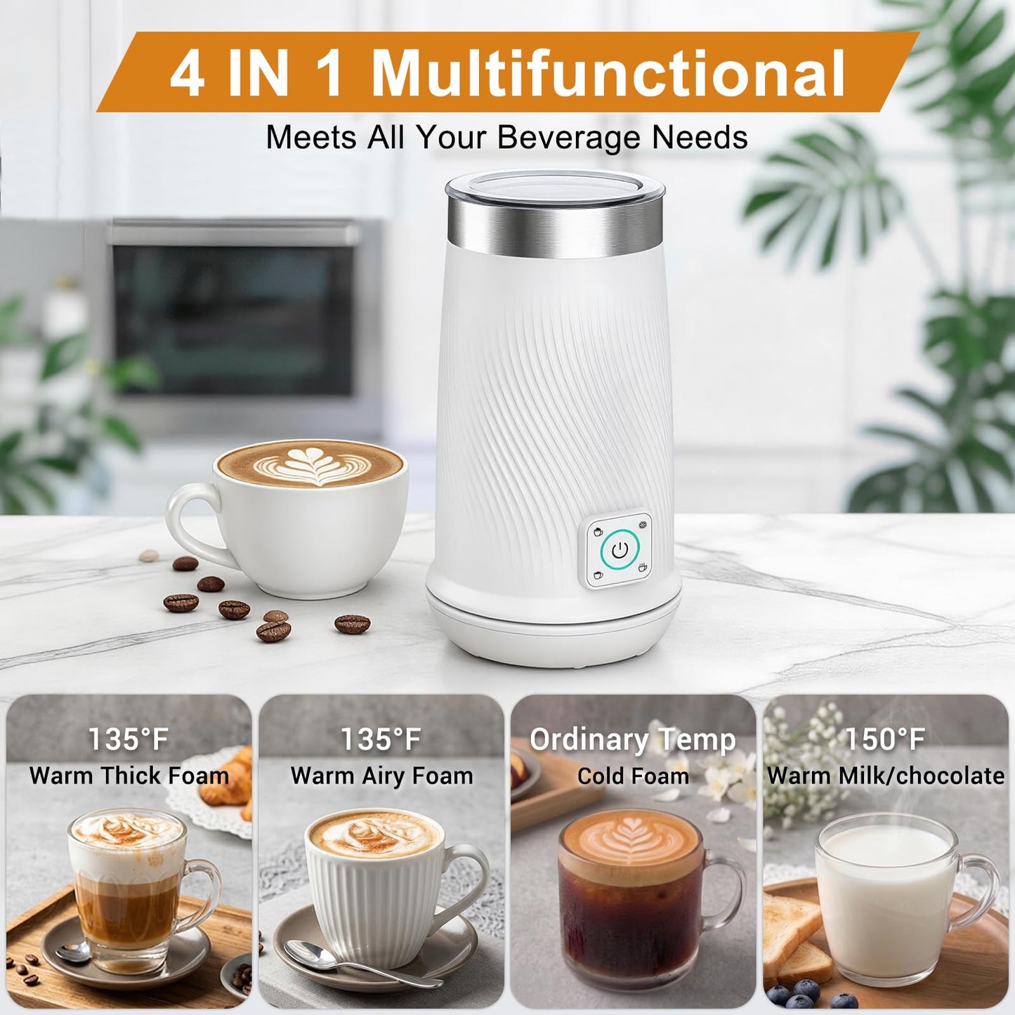 Milk Frother, 4-in-1 Electric Milk Steamer with Warm and Cold Foam Maker, Milk Heater and Warmer Hot & Cold Milk Foamer Maker for Latte Coffee Chocolate (White)