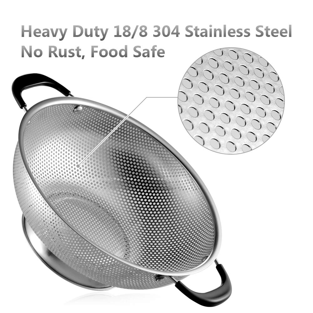 18/8 Stainless Steel Colander, Easy Grip Micro-Perforated 5-Quart Colander, Strainer with Riveted and Heat Resistant Handles, BPA Free, FDA Approved. Great For Pasta, Noodles, Vegetables and Fruits
