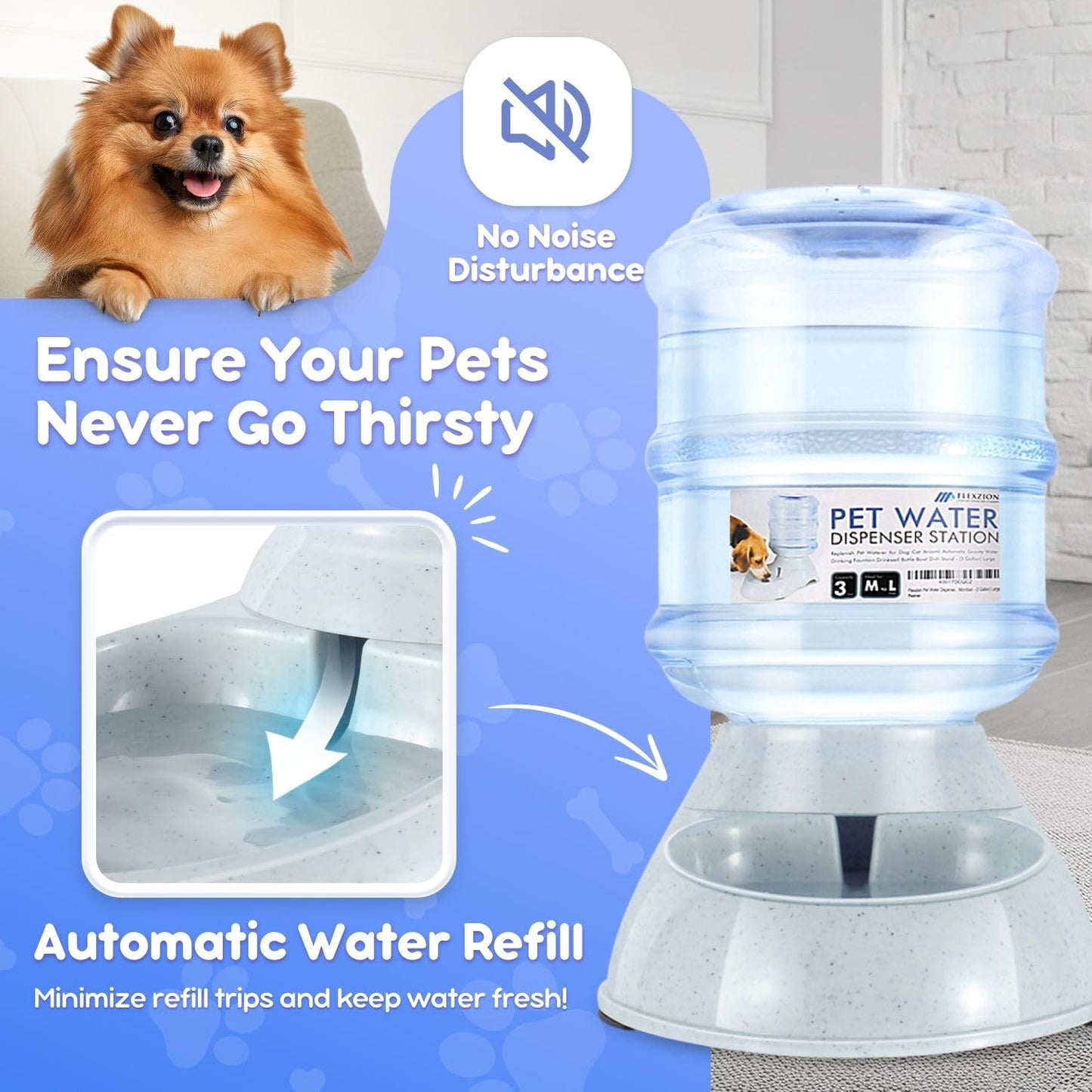 Flexzion Gravity Pet Water Dispenser Drinking Station for Dogs Cats (3 Gallon) Automatic Replenish Waterer for Small Large Breed Dog Cat Animal, Feeding Watering Fountain Supplies Bottle Dish Bowl