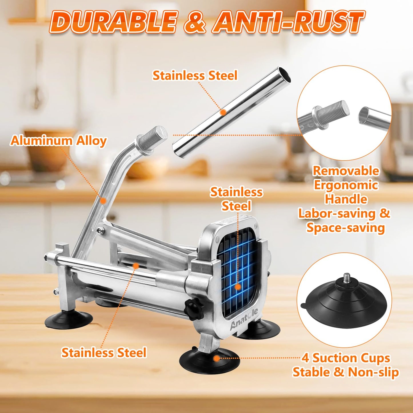 Anatole Professional French Fry Cutter Stainless Steel with 1/2'' Blade Manual Potato Slicer Veggie Chopper Homestyle Dicer for Onions Carrots Cucumbers
