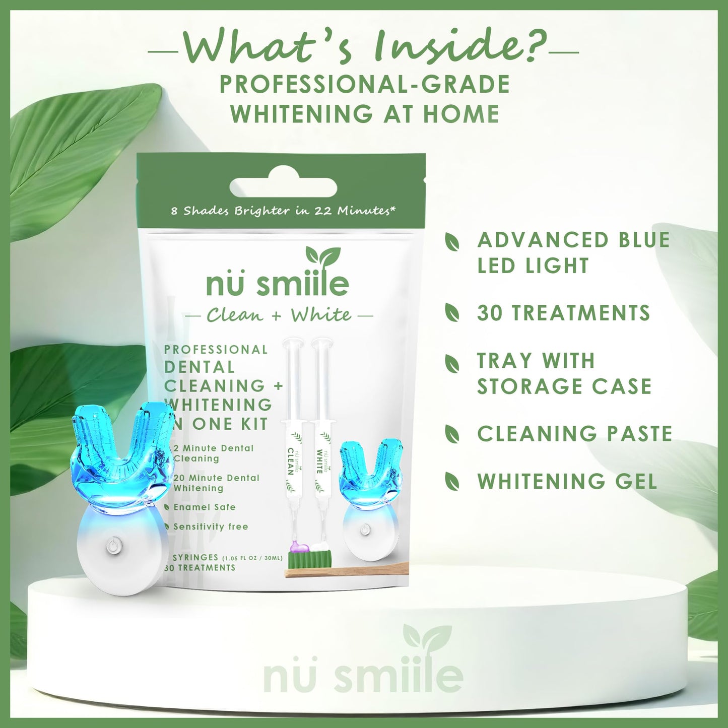 Professional Cleaning and Teeth Whitening Kit by nu smiile - Includes Blue LED Light - Visible Results in 20 Minutes - Xyliprox Teeth Whitening Gel - 30 Treatments