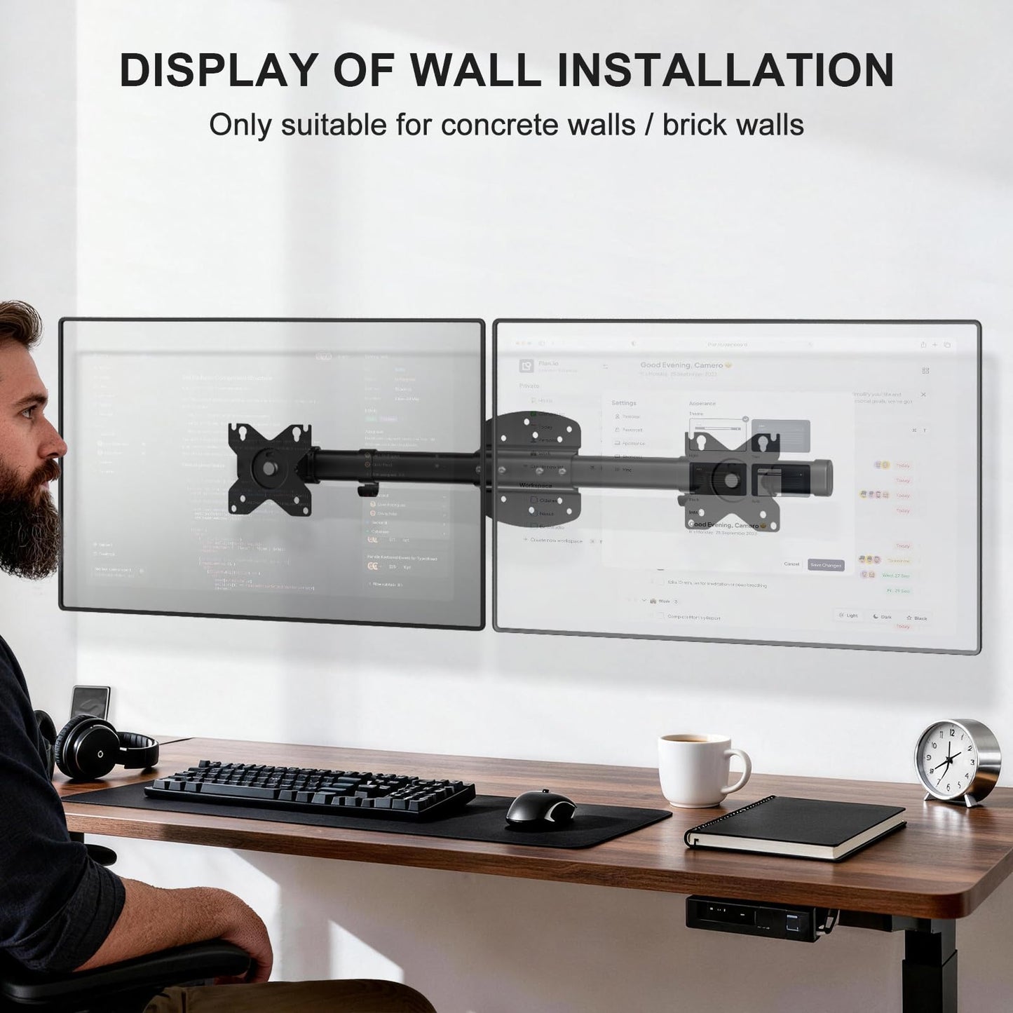 WALI Dual Monitor Arm Wall Mount up to 27 inch, Single to Double Bracket Adapter, Horizontal Assembly Monitor Arm for 2 Screens, Holds Up to 22lbs per Arm (012ARM), Black