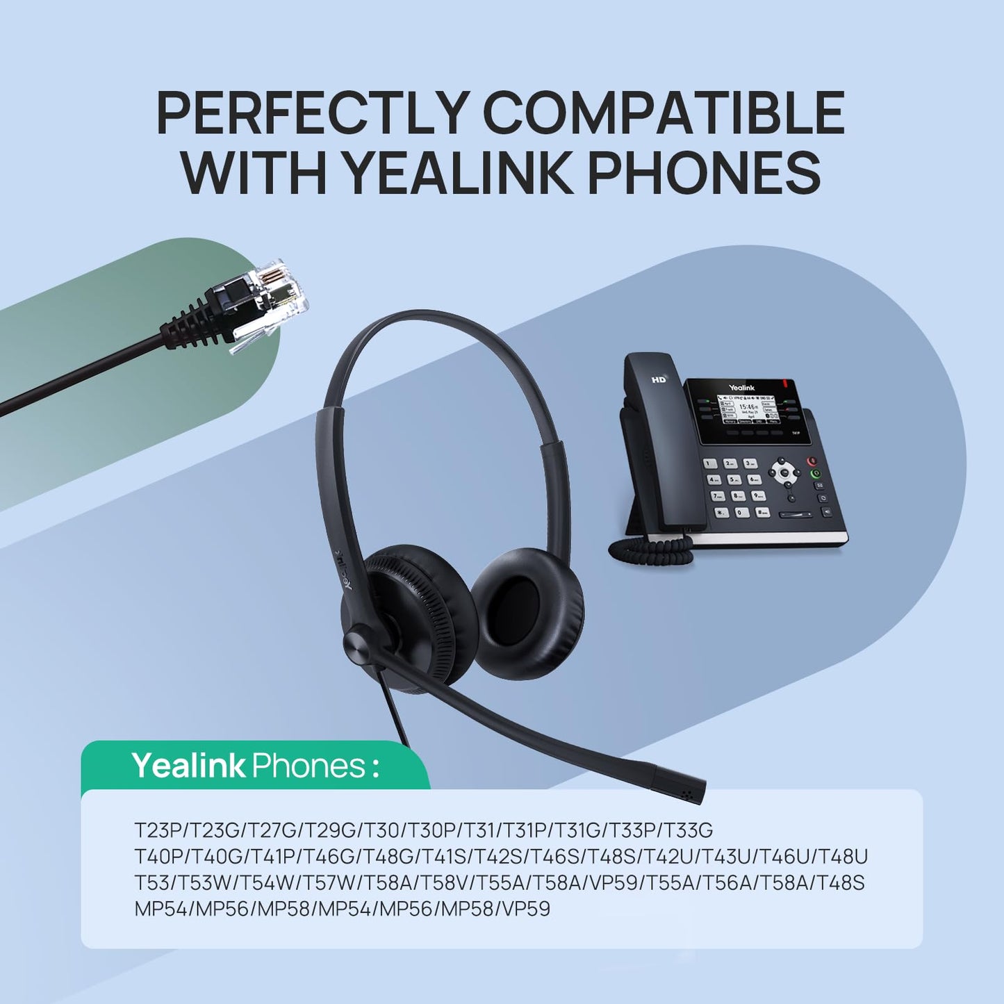 Yealink Phone Headsets for Office Phones YHS34 QD to RJ9 Wired Headset Compatible with Poly Avaya Snom Phones Desk Landline Headset with Microphone -Dual/72g/2.1m Cable