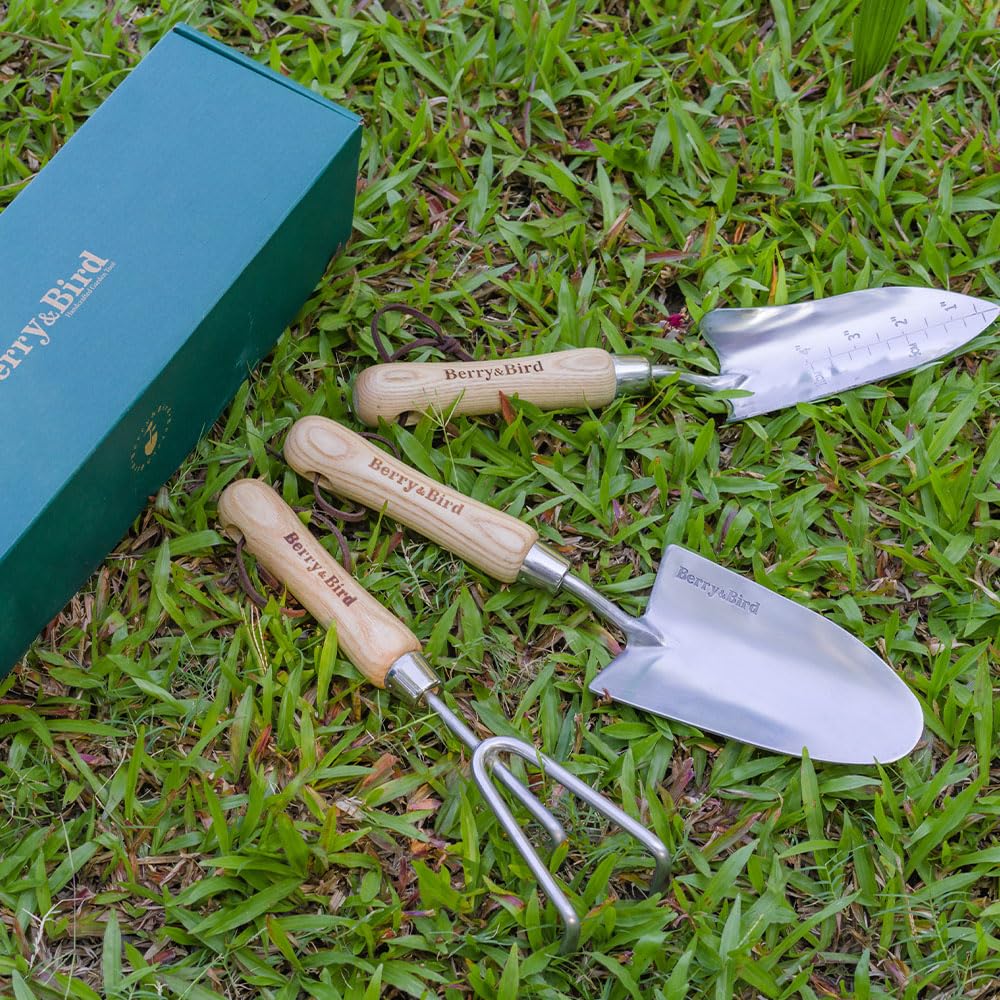 Berry&Bird Garden Tool Set, 3 PCS Stainless Steel Heavy Duty Gardening Tool Kit Includes Hand Trowel, Transplanter and Hand Cultivator with Ash Wood Handle for Transplanting Digging Loosening Soil