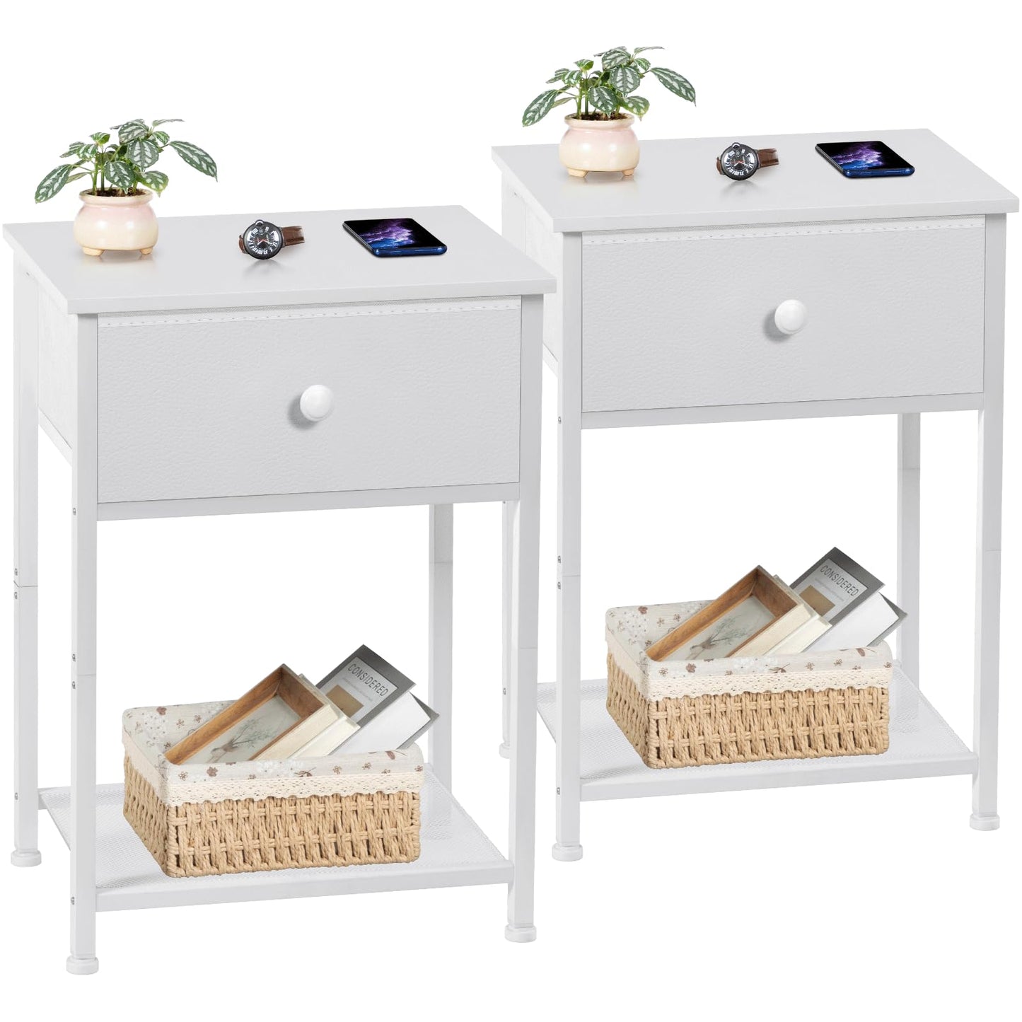 AMHANCIBLE Night Stand Set 2, Bedside Table with Fabric Drawer, Industrial End Tables Living Room with Storage Shelf, Slim Nightstand for Bedroom, Small Spaces, White, HET03SDWT