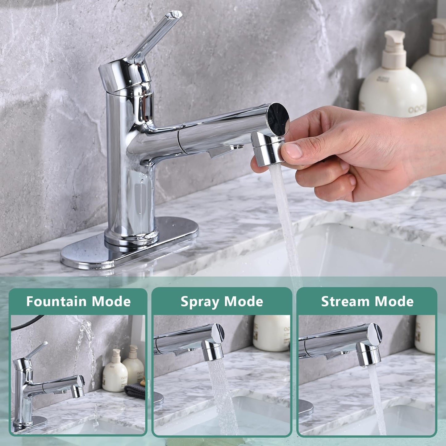 Besfelos Bathroom Sink Faucet with Pull Out Sprayer, Single Handle Modern Bathroom Basin Faucet with Pop-up Sink Drain Stopper & Deck Plate 1 or 4-inch Centerset 3 Hole, Chrome