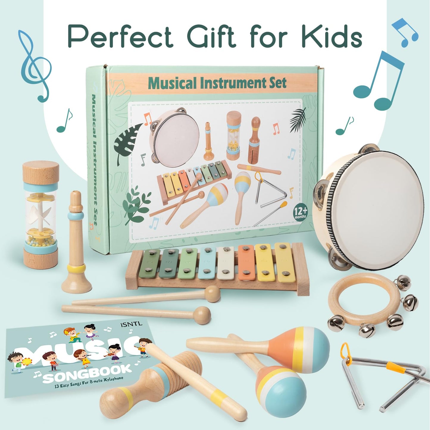 Baby Musical Instruments - Wooden Montessori Toys for Toddlers 1-3,Modern Boho Xylophone Includes Songbook with 13 Kids' Songs,Neutral Colors Wooden Percussion Instruments Set