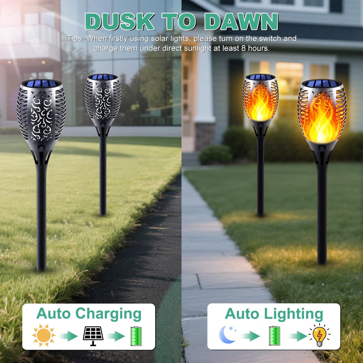 Permande Solar Torch Light with Flickering Flame, 6 Pack Dancing Flame Torches for Patio, Auto On/Off Dust to Dawn Waterproof Outdoor Solar Lights for Garden Driveway Decorations