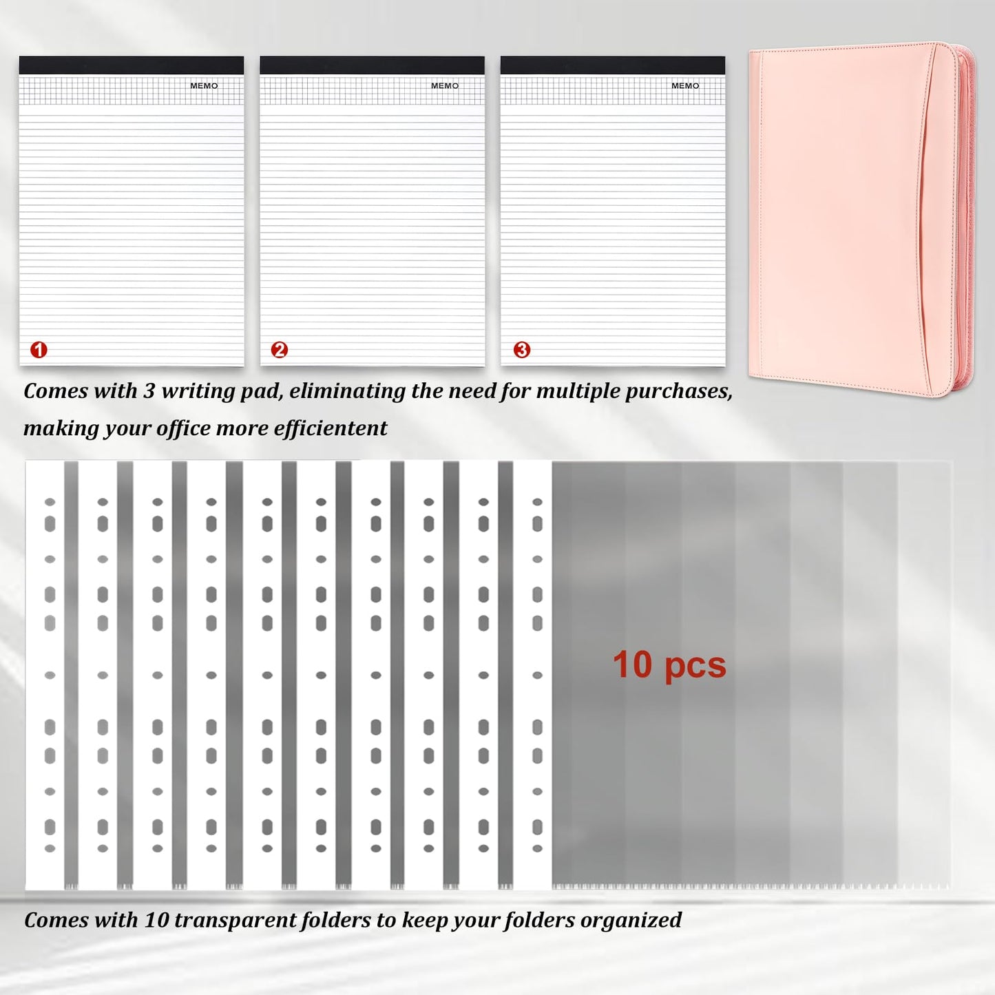 Leathario Portfolio, Vegan Leather 3-Ring Binder with Zipper, A4 Padfolio, Includes 10 Sheet Protectors and 3 Notepads, Multi-Pocket Document Holder for Tablets, Files, Notepads, Office Supplies