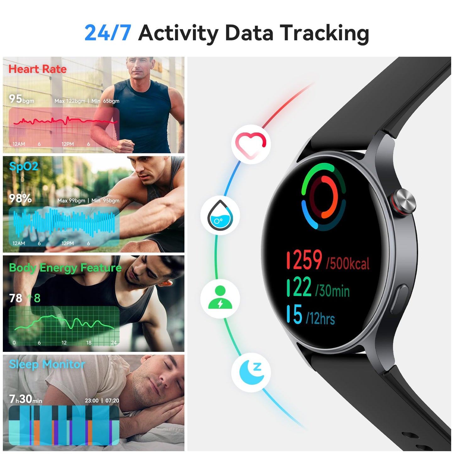 aeac Smart Watch for Men Women, AMOLED Ultra-Clear Screen Activity Trackers with Heart Rate/Sleep/SpO2 Monitor, Waterproof Fitness Smartwatch for iPhone/Samsung/Android（Black）