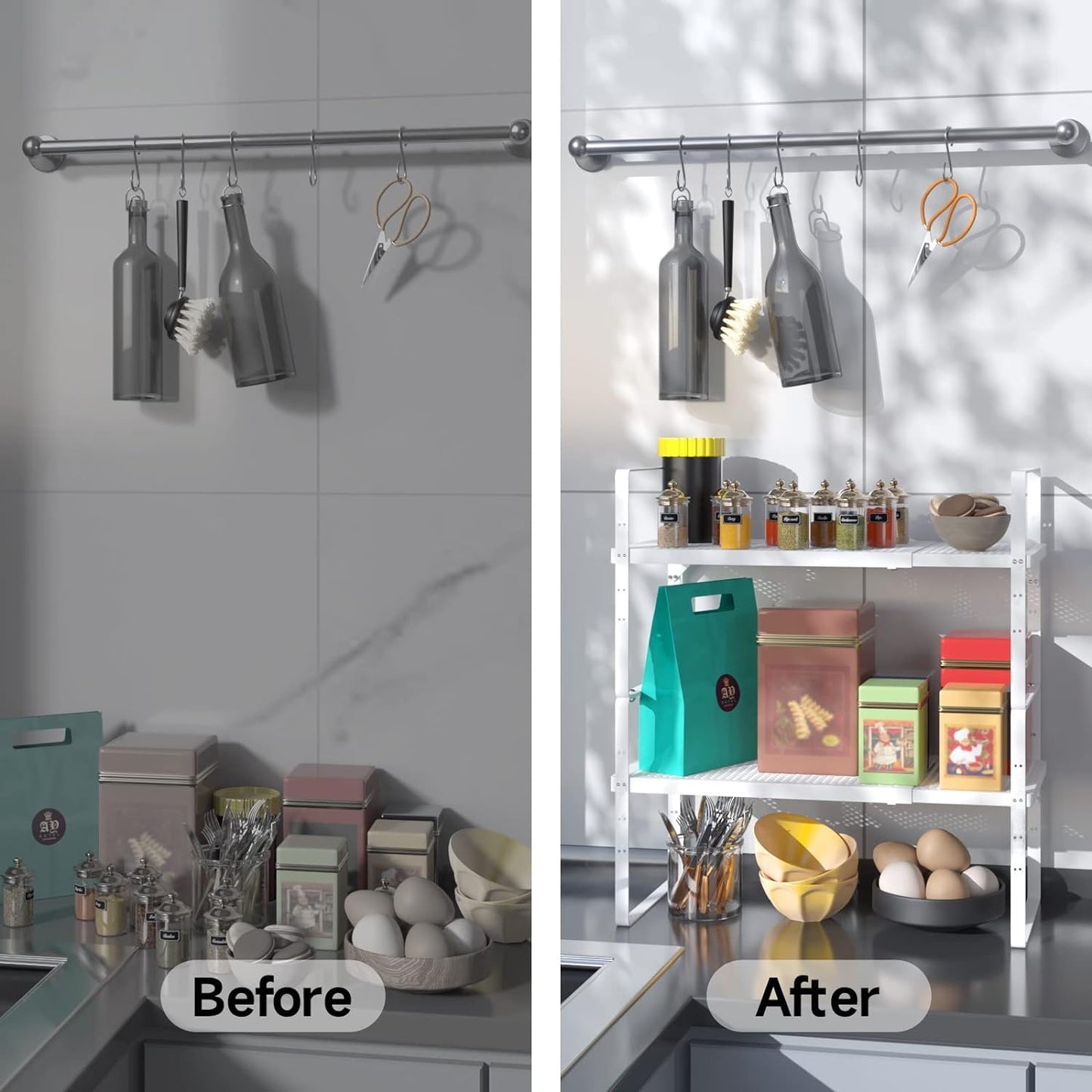 taiheis 16.5~27'' Expandable Cabinet Shelf,2Pcs Hole Pattern Stackable&Adjustable Cupboard Shelf,Spice Organizer for Kitchen Bathroom Utility Room, Generic Kitchen Organizers and Storage,White