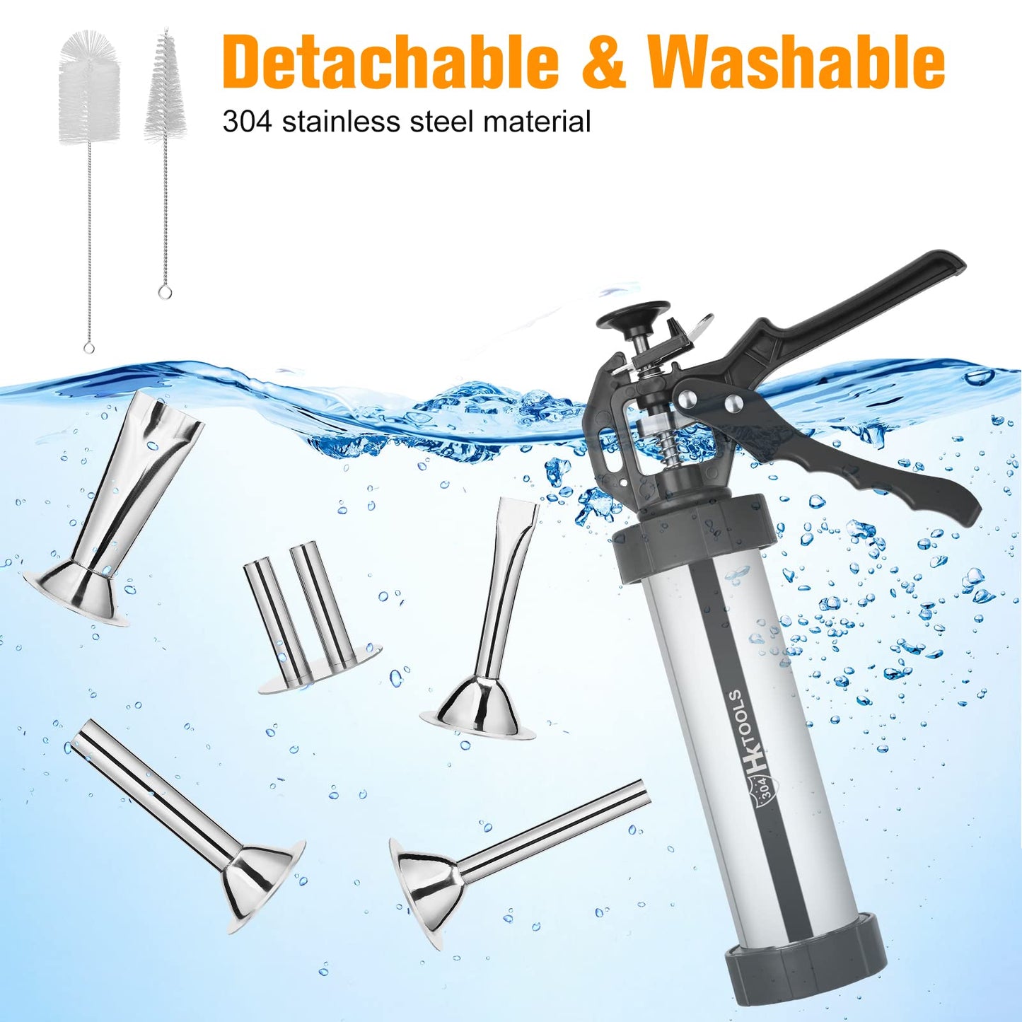 HK Jerky Gun Kits, Jerky Maker Gun, Beef Jerky Gun, 2 Pound Stainless Steel Sausage Jerky Making Gun with 5 Stainless Nozzles, 2 Cleaning Brushes, 1 Stomper, Black