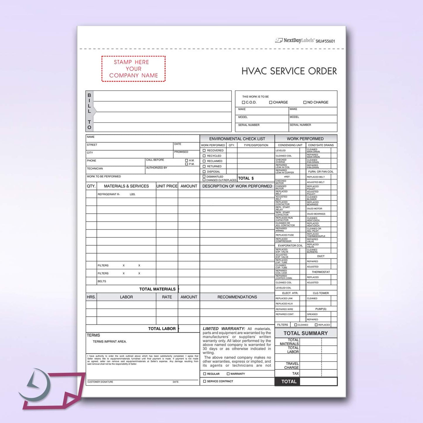 HVAC Service Order Invoice & Repair Detail Form, 3 Part Forms Carbonless (No Company Name Printed) 100 Sets