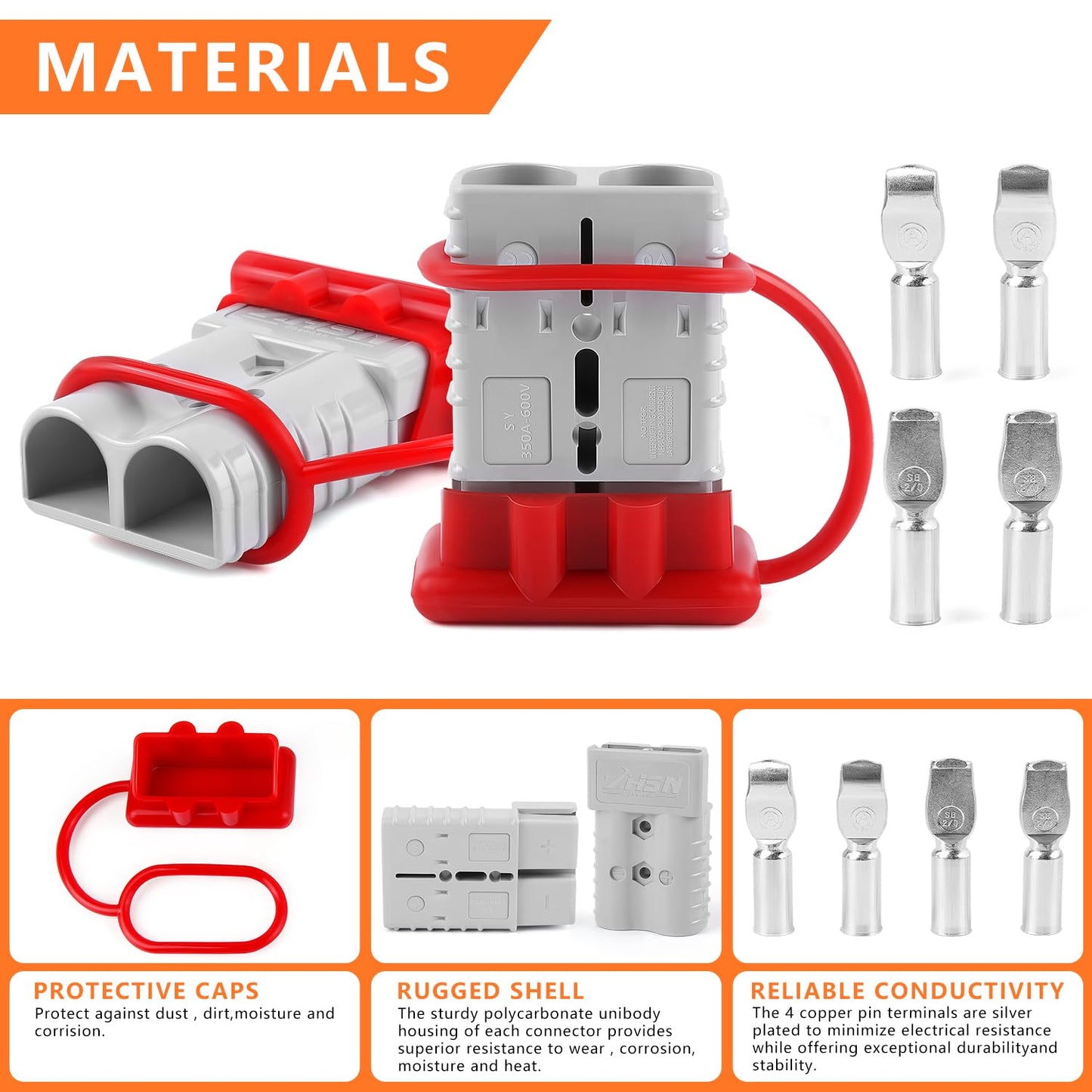 Zhushan 2 Pcs 350A Battery Quick Disconnect Connector Plug Kit for Trailer Winch - AWG 2/0 Gauge, Grey - Easy and Reliable Power