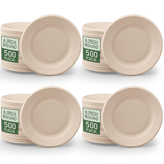 500 pcs Disposable Paper Plates, 6 Inch Bulk Heavy Duty Sugarcane Brown Paper Plates Compostable Plates for Dessert Party Appetizer Cakes Restaurant Party Supplies