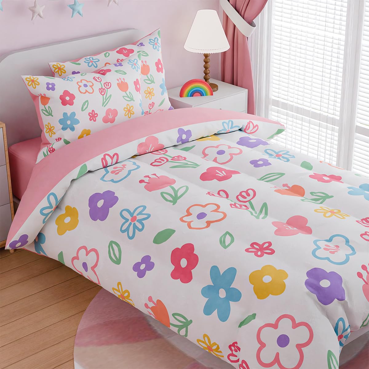 Floral Twin Bedding Sets for Girl, Ultra Soft Microfiber Comforter Bed Set with 3-Pieces, Flower Comforters Sets for Kids Children Girl Teen Tween Bedroom Décor