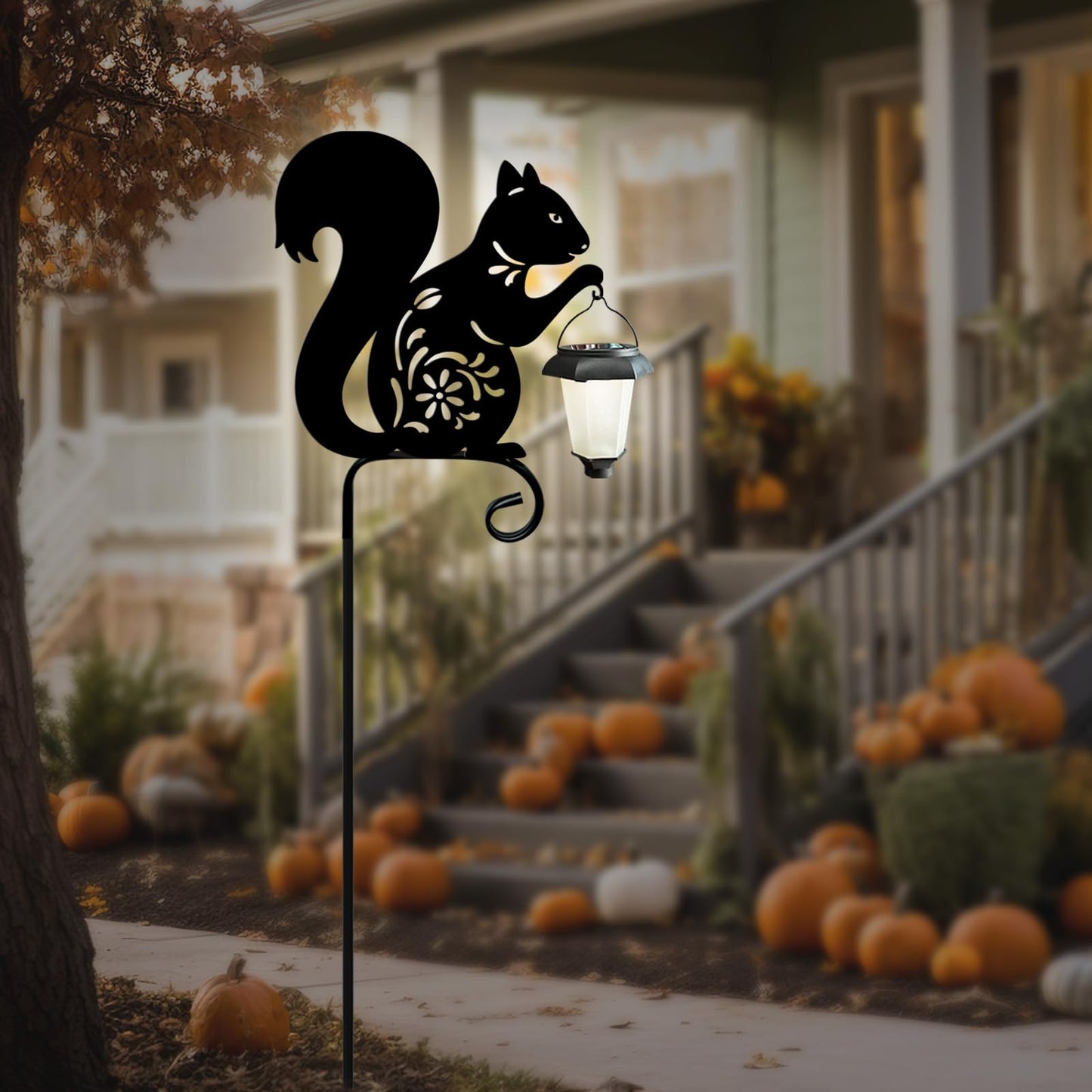 Metal Squirrel Garden Stake,Hokfirm Solar Lights Outdoor Solar-Powered with Lantern-Outdoor Waterproof Pathway and Garden Decorations (Black Squirrel)