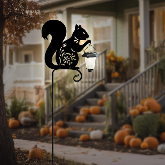Metal Squirrel Garden Stake,Hokfirm Solar Lights Outdoor Solar-Powered with Lantern-Outdoor Waterproof Pathway and Garden Decorations (Black Squirrel)