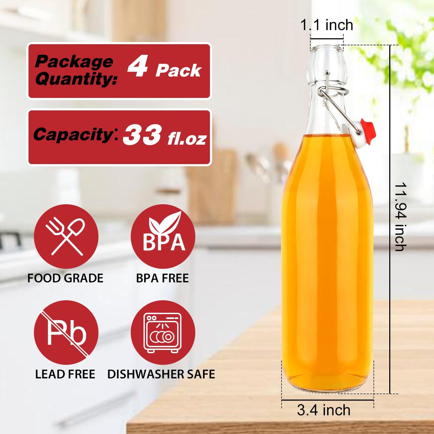 HWASHIN 1 Liter Swing Top Glass Bottles, 4 Pack 33 oz Flip Top Bottles with Airtight Stopper for Home Brewing, Kombucha, Beer, Kefir, Beverages