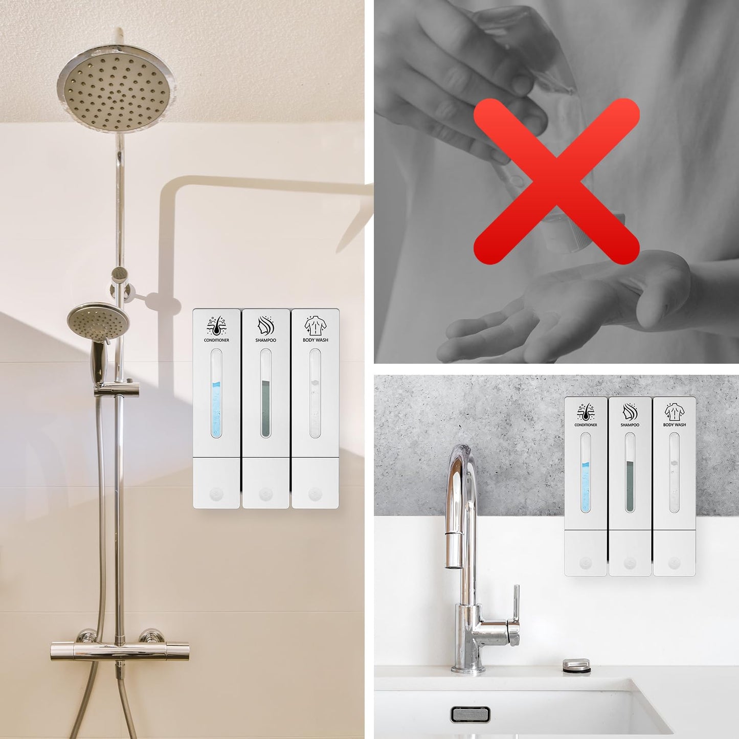 KOYFOYO Shampoo and Conditioner Dispenser, Shower Soap Dispenser 3 Chamber No Drill, Shampoo Dispenser for Shower Wall, Body Wash Dispenser Wall Mounted for Bathroom Hotel (3x13.5oz White)