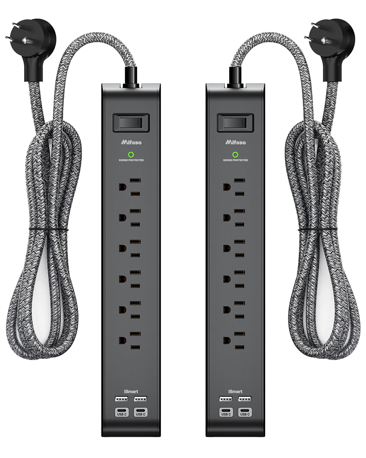 2 Pack-12FT Long Power Bar Surge Protector - with 6 Outlets 4 USB Ports, Heavy-Duty Braided Extension Cord, Flat Plug, 900 Joules, 15A Circuit Breaker, Wall Mount for Home Office