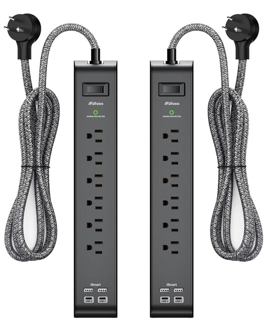 2 Pack-12FT Long Power Bar Surge Protector - with 6 Outlets 4 USB Ports, Heavy-Duty Braided Extension Cord, Flat Plug, 900 Joules, 15A Circuit Breaker, Wall Mount for Home Office