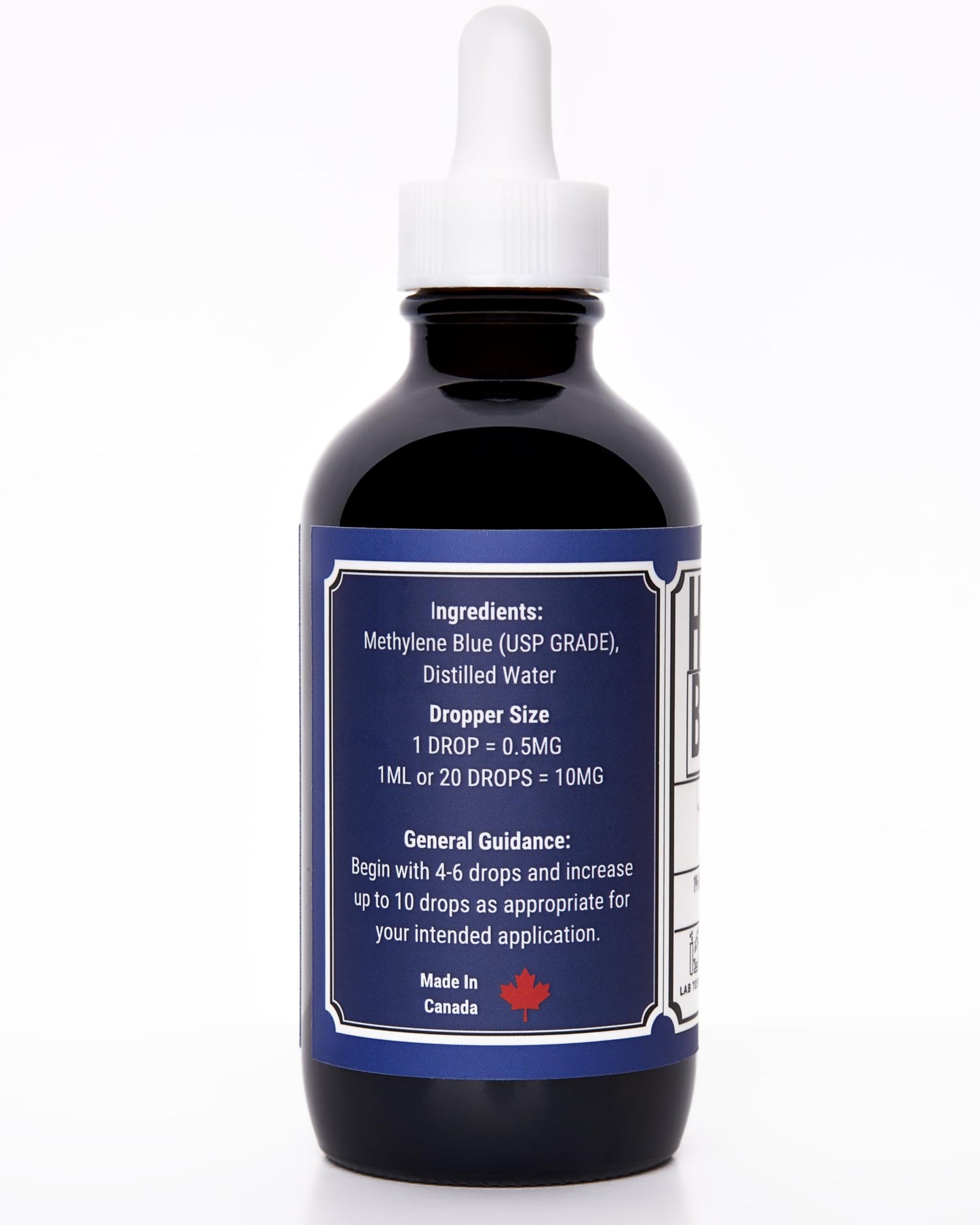 1% Methylene Blue Solution, 120 ml Amber Dropper Bottle, USP Grade, Pure, Made in Canada, Formaldehyde-Free, Heavy Metals Tested, Large