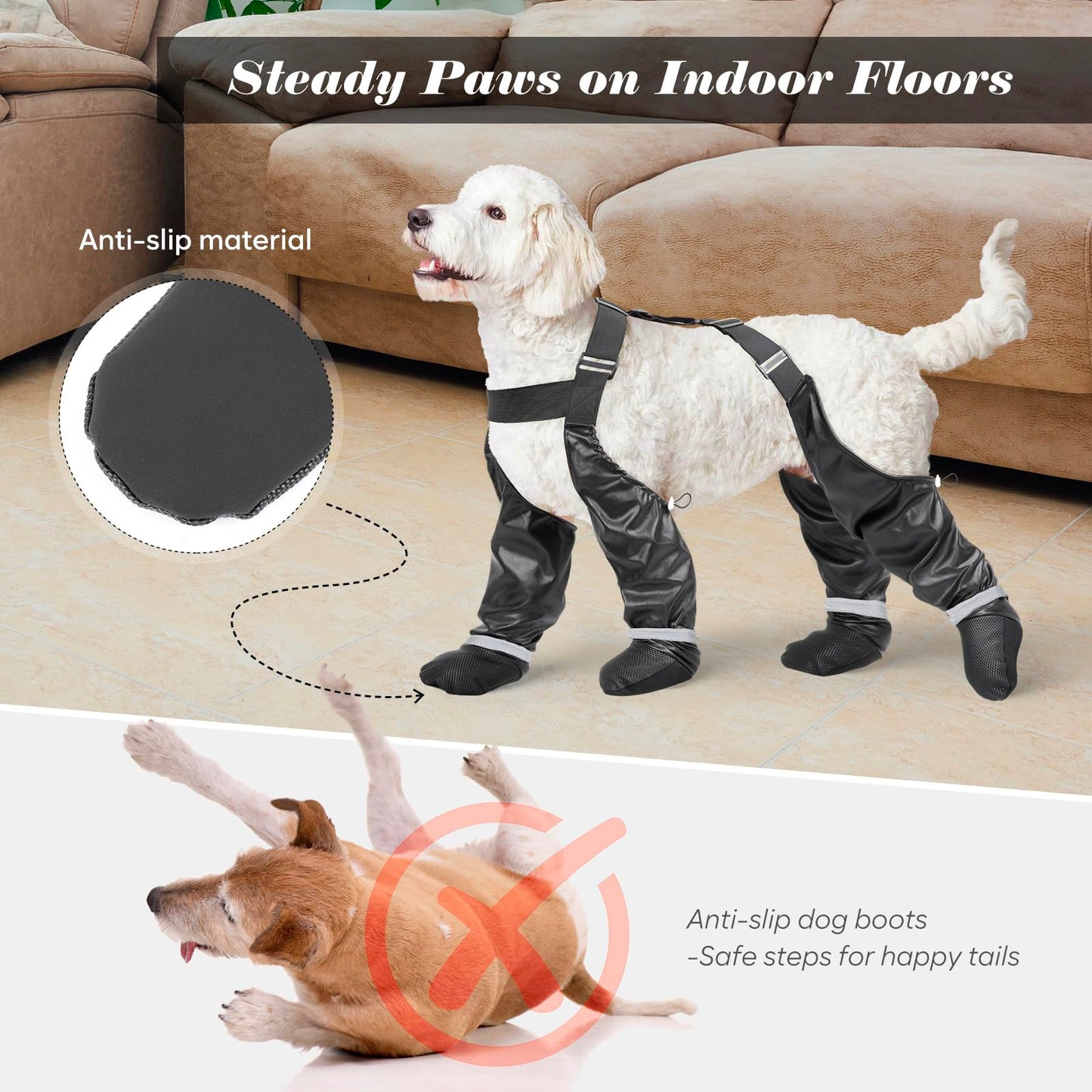 BiPawTi Dog Suspender Boots, Reflective Paws Dog Boots for Night-Walk Safety, Suspender Booties for Hot Pavement/Snow Walks, Anti-Lost/Anti-Slip Shoes, Leg/Paw Protectors for Large Dogs - XXL