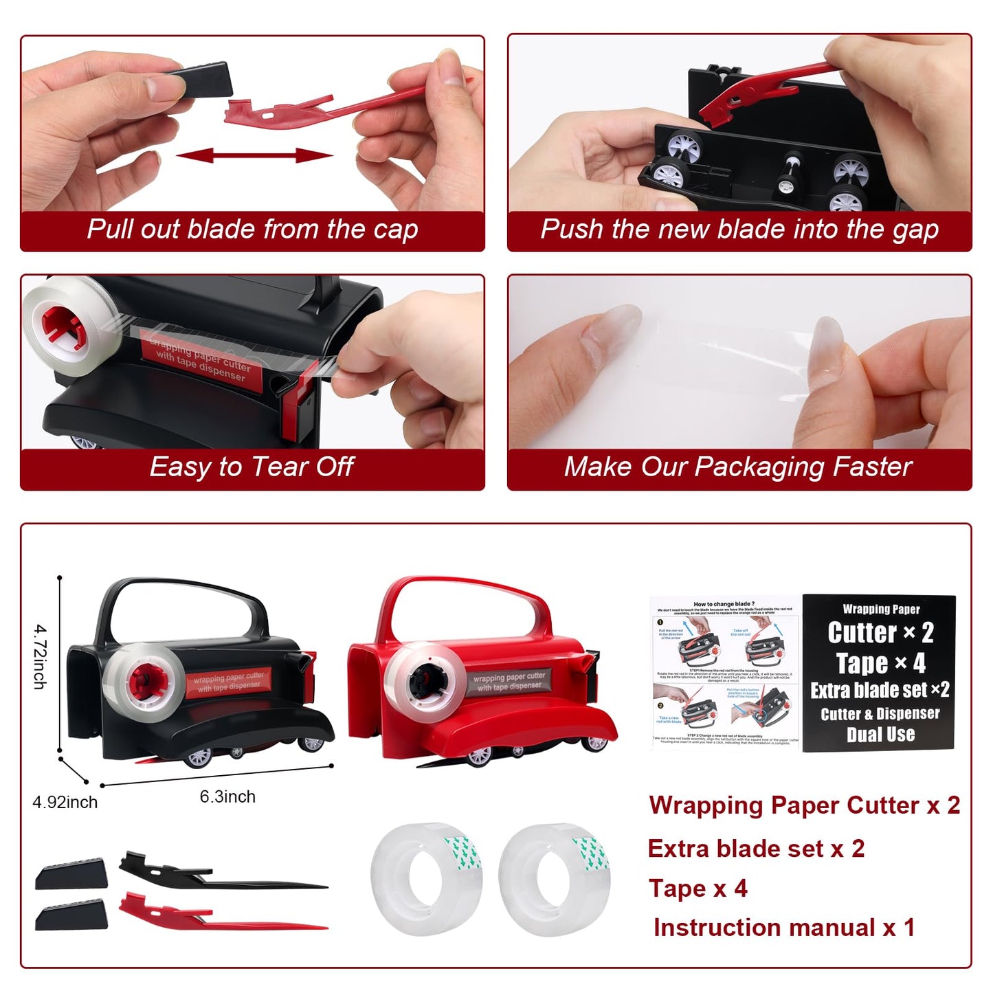 (2-Pack) Wheel Wrapping Paper Cutter & Tape Dispenser Dual Use-4 Tapes,2 Replace Blades-Christmas Gift Wrap Tool, Paper Roll Slicer,Sliding Straight Cut for Birthday Gift Wrap Cutter-Efficient Packag