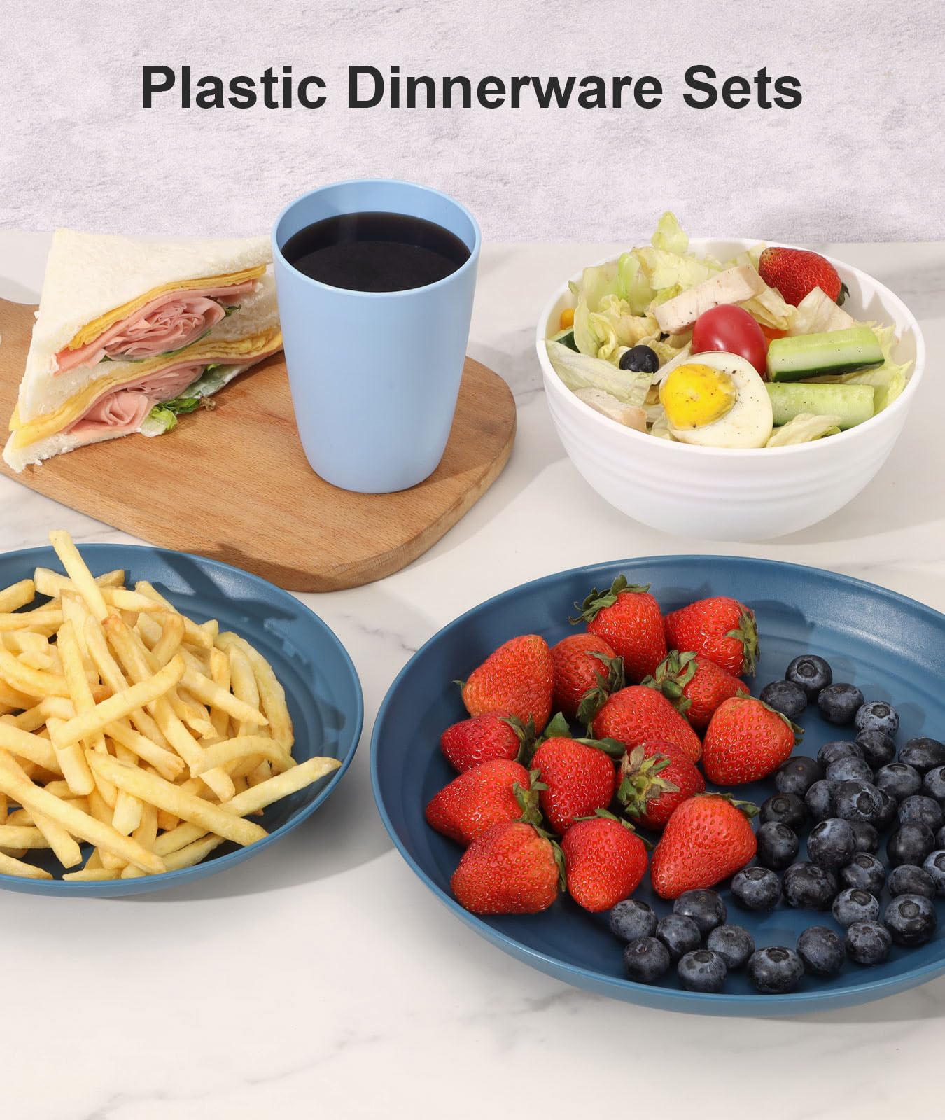 Quatish 24 Piece Plastic Plates and Bowls Sets for 6, Unbreakable Plastic Dinnerware Sets, Dish Set for Camping, Dishwasher Microwave Safe, Outdoor Kitchen and Apartment Dinning Essentials, Blue