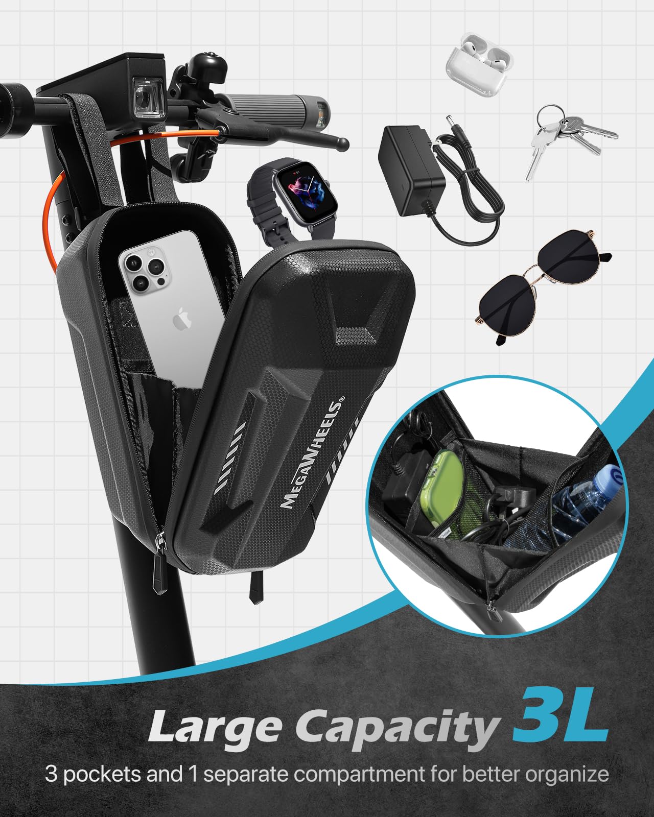 MEGAWHEELS Electric Scooter Bag,Universal Waterproof Escooter Handbar Hanging Bag Wtih 3 Independent Pockets for Carrying Chargers, Phone, Keys,Tools，4L,Tool-Free Installation