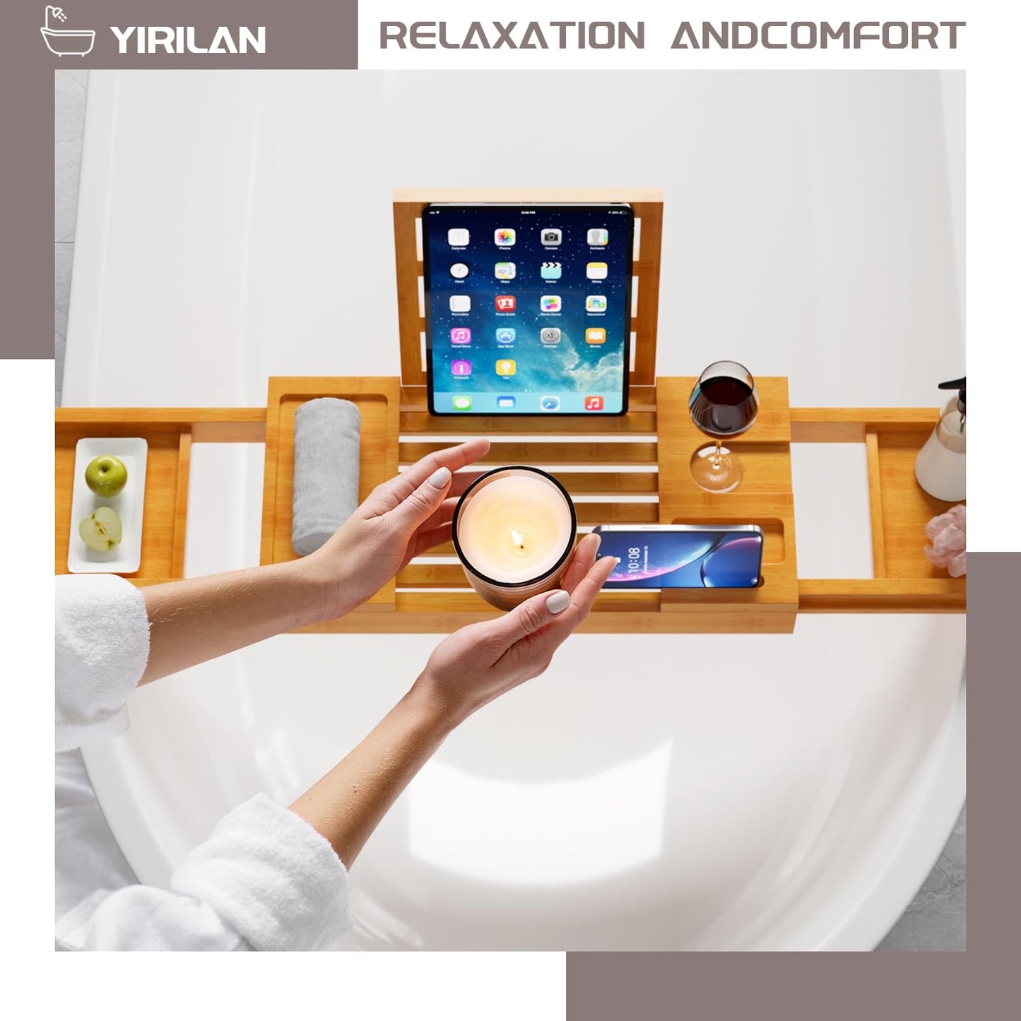 Yirilan Bamboo Bathtub Tray, Expandable Bath Tray for Tub, Bathroom Trays for Bathtub, Bathtub Caddy, Gift for Loved Ones (Bamboo)