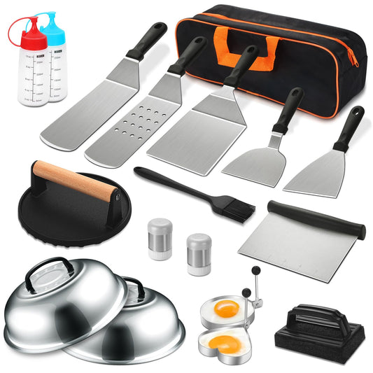 19PCS Griddle Accessories Kit, Stainless Steel Flat Top Grill Accessories Set for Blackstone and Camp Chef, Grill Spatula Set with Enlarged Spatulas, Basting Cover, Scraper for Outdoor Barbecue