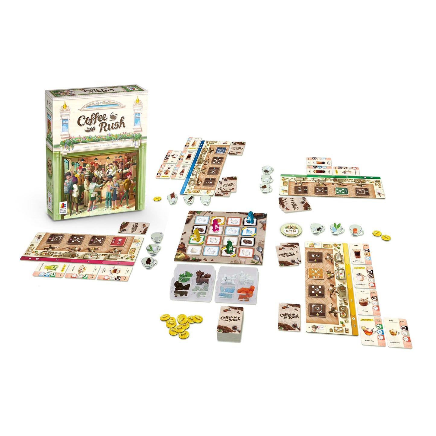 Coffee Rush (EN) - Board Games - Strategy/Family - Compete to Fulfill Orders and Become The Best Barista - Ages 8+ - 2-4 Players - 30-45 Minute Playtime - Made by Korea Boardgames