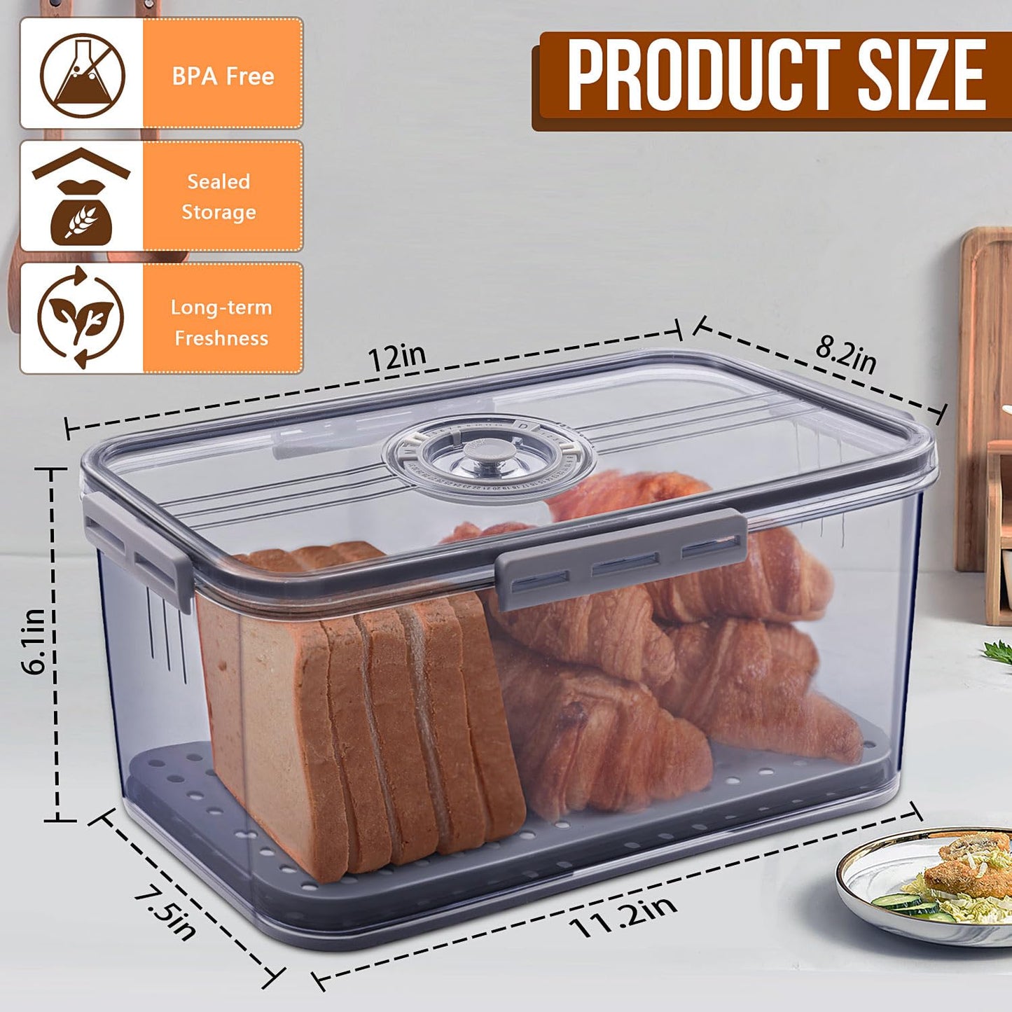 Gifhomfix Bread Box Bread Boxes for Kitchen Counter Airtight, Time Recording Bread Storage Container with Lid, Bread Keeper for Homemade Bread, Toast, Bagel, Donut and Cookies, LARGE
